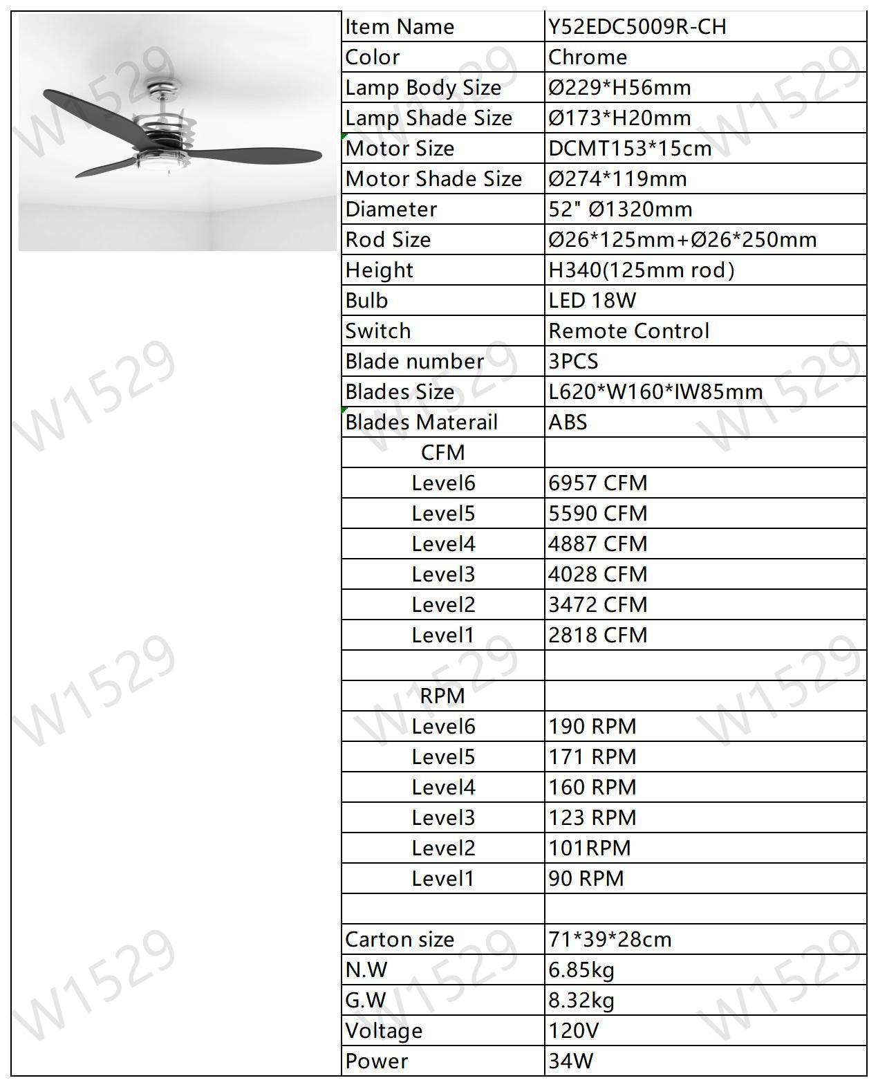 52'' ABS Blades Ceiling Fan with Lights and Remote (6 Speeds Adjustable) , DC Motor Modern Ceiling Fan with 3 ABS Fan Blades & 2 Down Rods, Indoor Ceiling Fan with Light for Home Use himalipasal