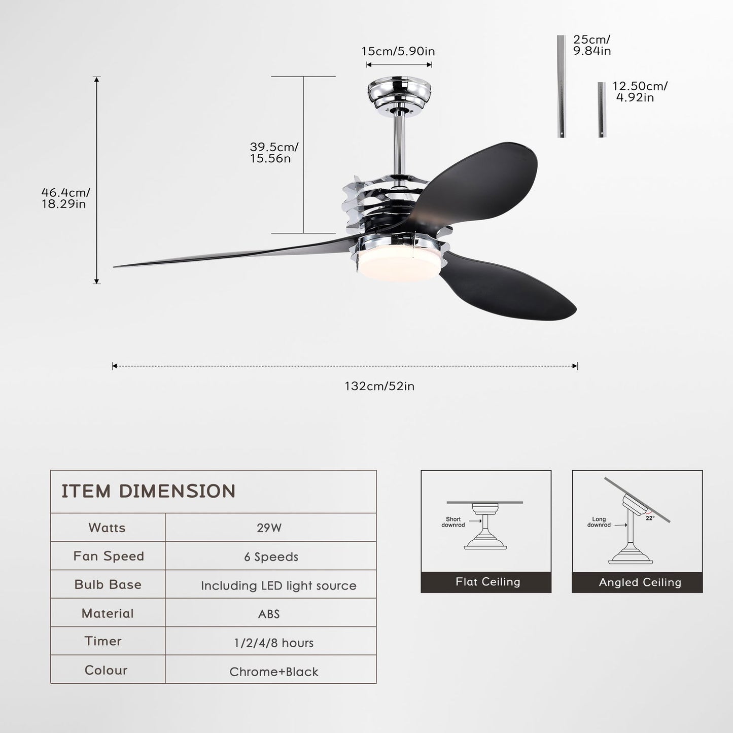 52'' ABS Blades Ceiling Fan with Lights and Remote (6 Speeds Adjustable) , DC Motor Modern Ceiling Fan with 3 ABS Fan Blades & 2 Down Rods, Indoor Ceiling Fan with Light for Home Use himalipasal