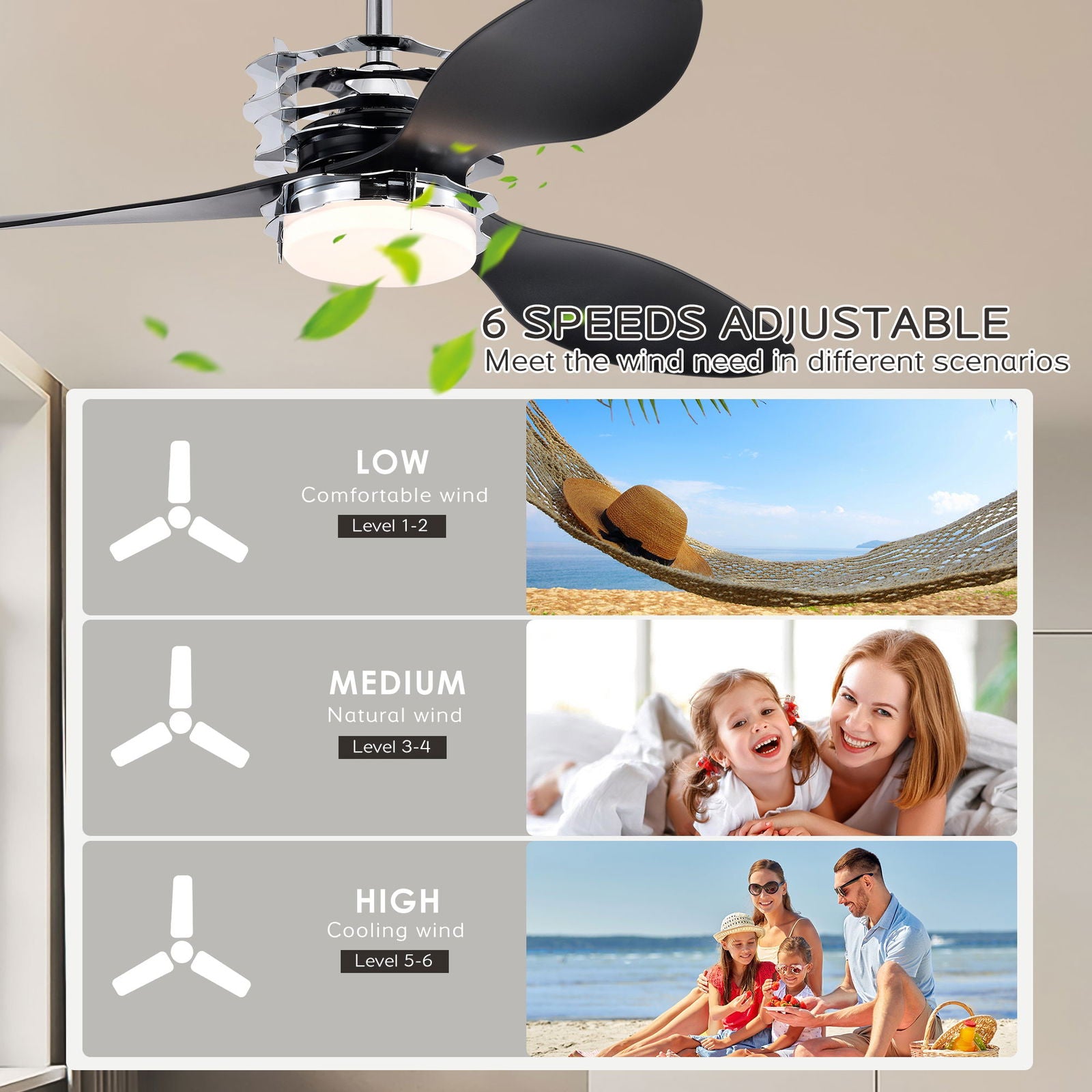 52'' ABS Blades Ceiling Fan with Lights and Remote (6 Speeds Adjustable) , DC Motor Modern Ceiling Fan with 3 ABS Fan Blades & 2 Down Rods, Indoor Ceiling Fan with Light for Home Use himalipasal