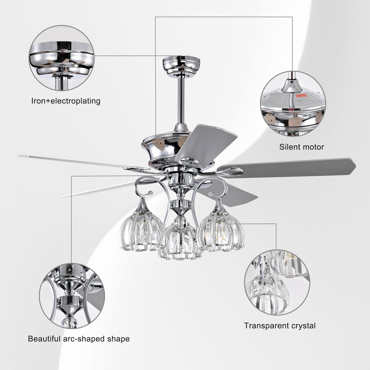 52'' Crystal Ceiling Fan Lamp With Remote Control 3 Speed (High, Mid, Low), 5 Reversible Blades for Living Room, Dining Room, Bedroom, Family Room, Chrome ,3PCS*E26 (NO Include Bulb ) himalipasal