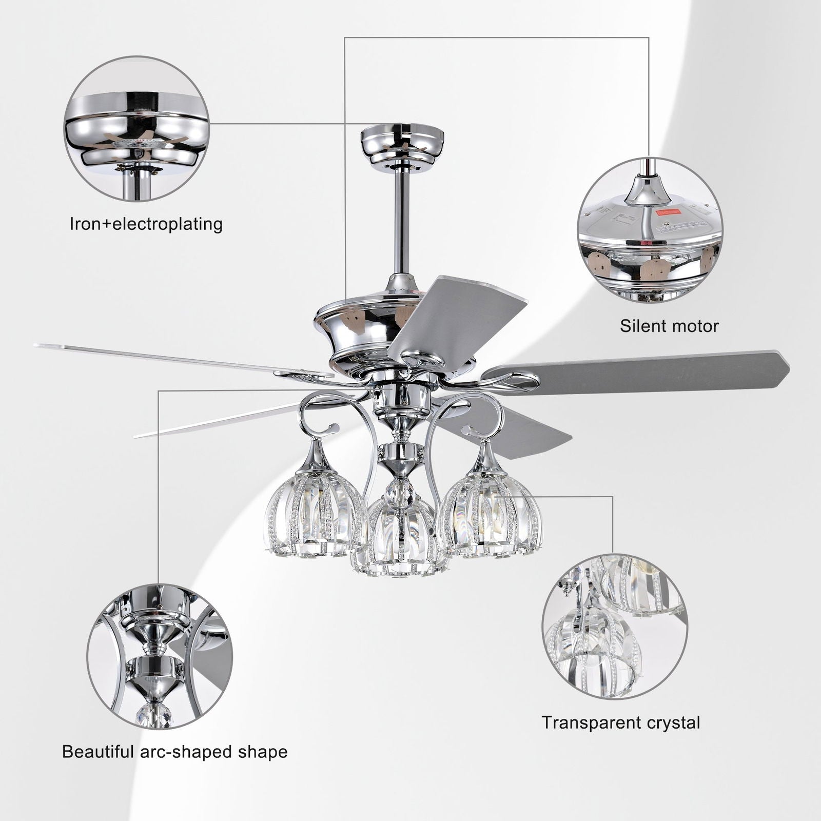 52'' Crystal Ceiling Fan Lamp With Remote Control 3 Speed (High, Mid, Low), 5 Reversible Blades for Living Room, Dining Room, Bedroom, Family Room, Chrome ,3PCS*E26 (NO Include Bulb ) himalipasal