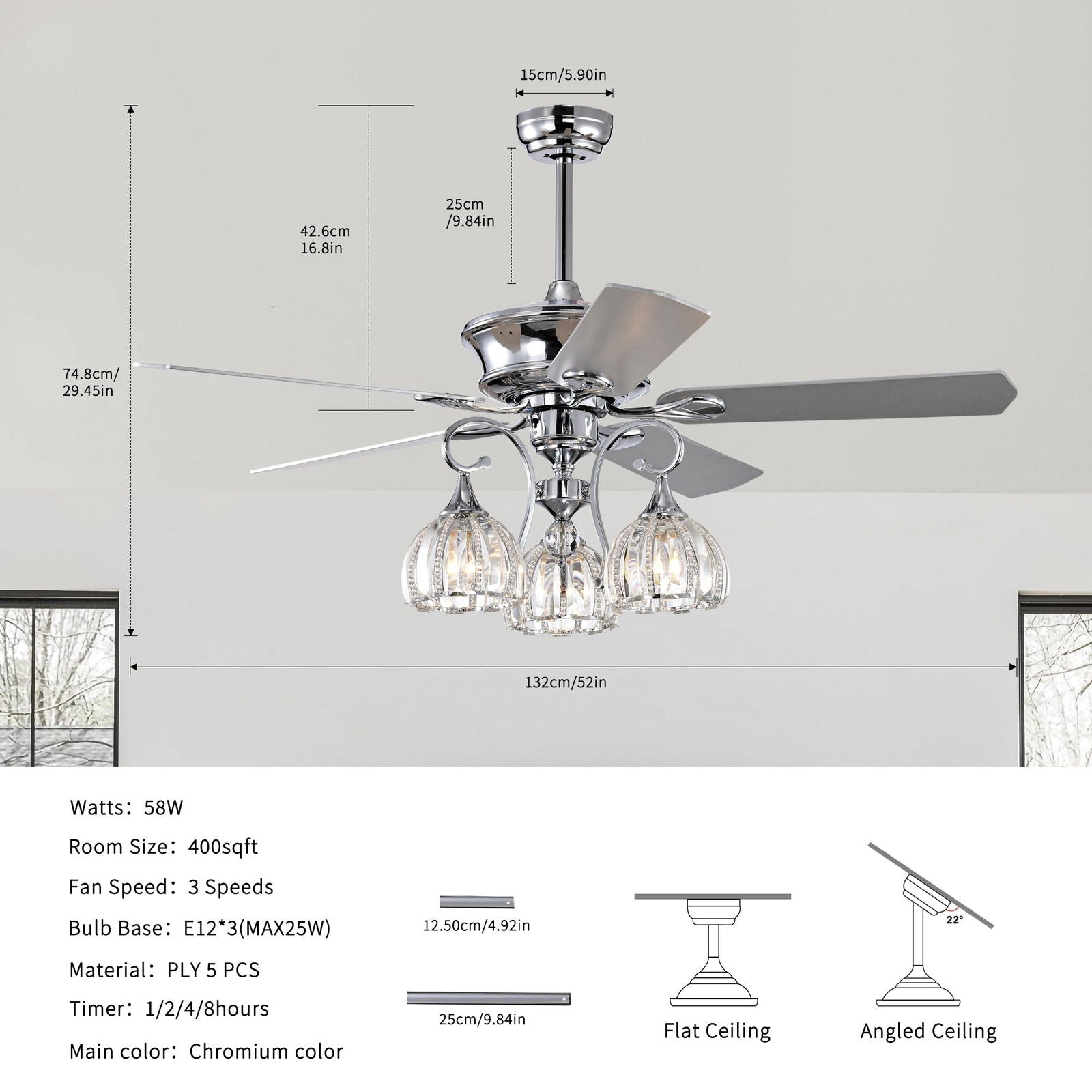 52'' Crystal Ceiling Fan Lamp With Remote Control 3 Speed (High, Mid, Low), 5 Reversible Blades for Living Room, Dining Room, Bedroom, Family Room, Chrome ,3PCS*E26 (NO Include Bulb ) himalipasal