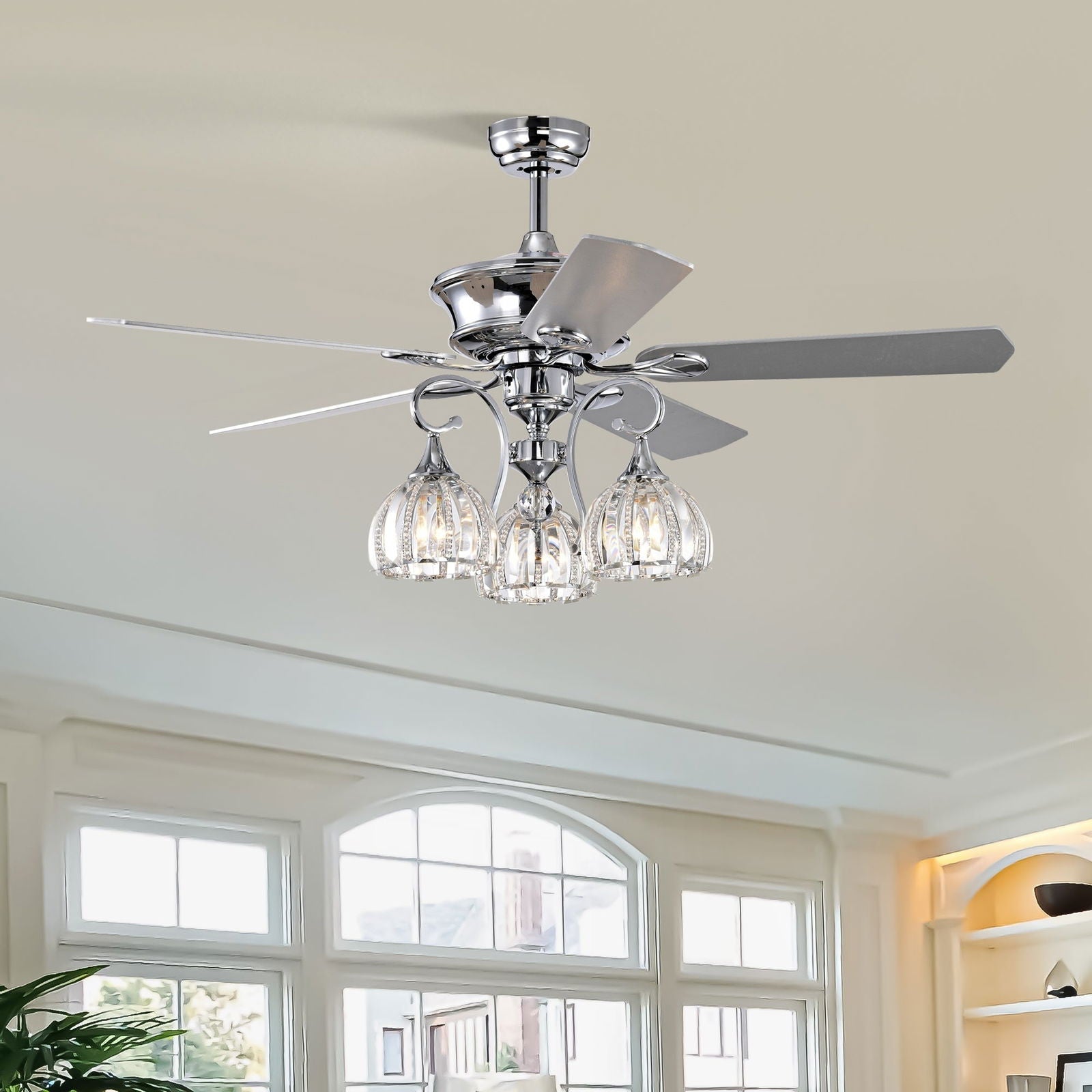 52'' Crystal Ceiling Fan Lamp With Remote Control 3 Speed (High, Mid, Low), 5 Reversible Blades for Living Room, Dining Room, Bedroom, Family Room, Chrome ,3PCS*E26 (NO Include Bulb ) himalipasal