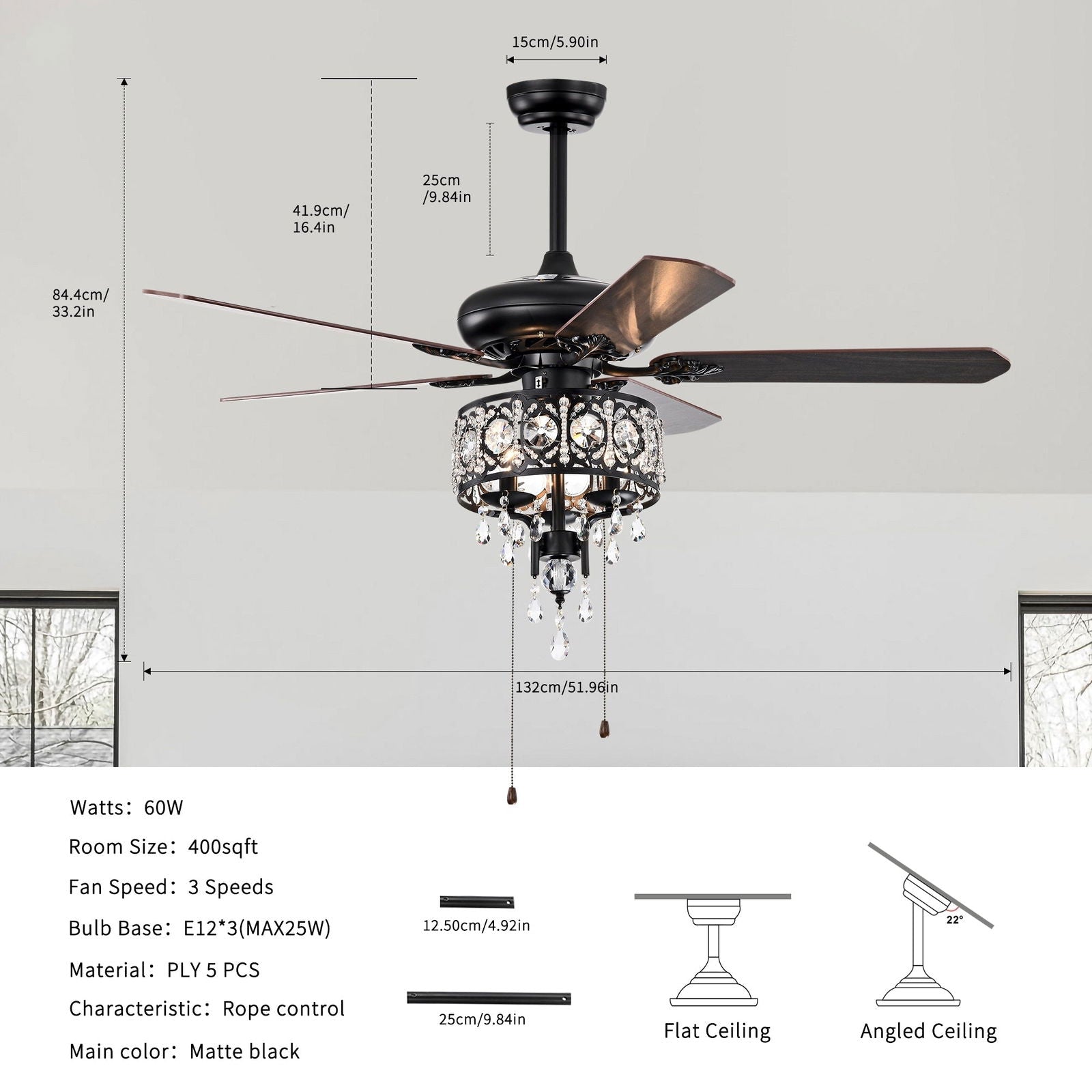 52'' Crystal Shade Ceiling Fan Lamp With Remote Control,3 Speed ,4 Timing , 5 Reversible Blades Crystal Ceiling Fan ,3PCS*E12 (NO Include Bulb) -- Hand Pull Chain himalipasal