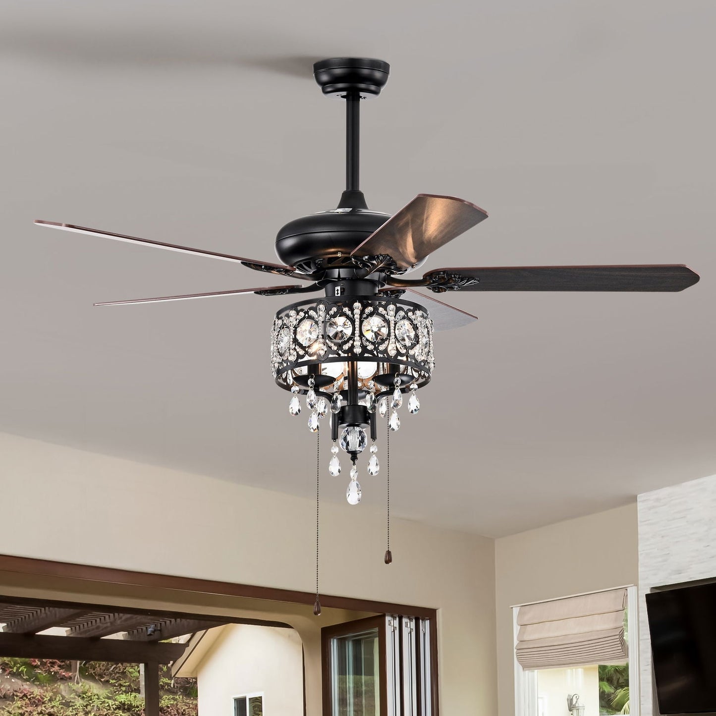 52'' Crystal Shade Ceiling Fan Lamp With Remote Control,3 Speed ,4 Timing , 5 Reversible Blades Crystal Ceiling Fan ,3PCS*E12 (NO Include Bulb) -- Hand Pull Chain himalipasal