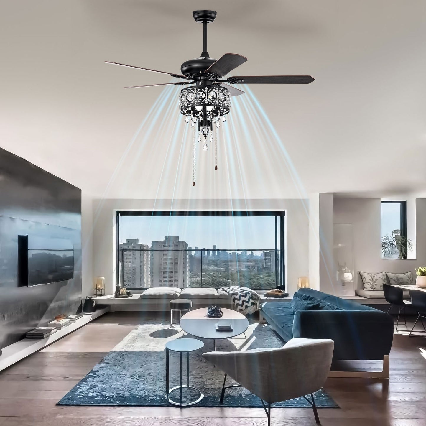 52'' Crystal Shade Ceiling Fan Lamp With Remote Control,3 Speed ,4 Timing , 5 Reversible Blades Crystal Ceiling Fan ,3PCS*E12 (NO Include Bulb) -- Hand Pull Chain himalipasal