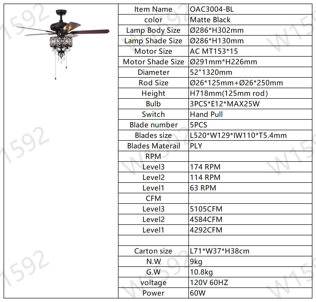 52'' Crystal Shade Ceiling Fan Lamp With Remote Control,3 Speed ,4 Timing , 5 Reversible Blades Crystal Ceiling Fan ,3PCS*E12 (NO Include Bulb) -- Hand Pull Chain himalipasal