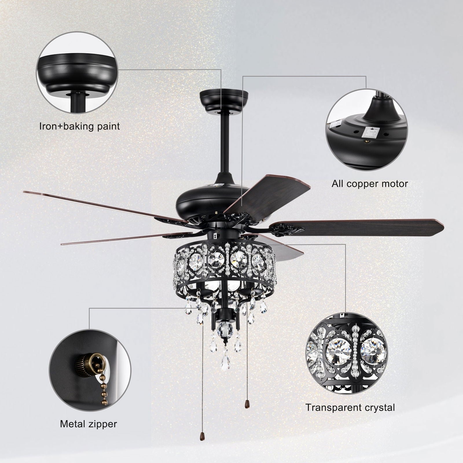 52'' Crystal Shade Ceiling Fan Lamp With Remote Control,3 Speed ,4 Timing , 5 Reversible Blades Crystal Ceiling Fan ,3PCS*E12 (NO Include Bulb) -- Hand Pull Chain himalipasal