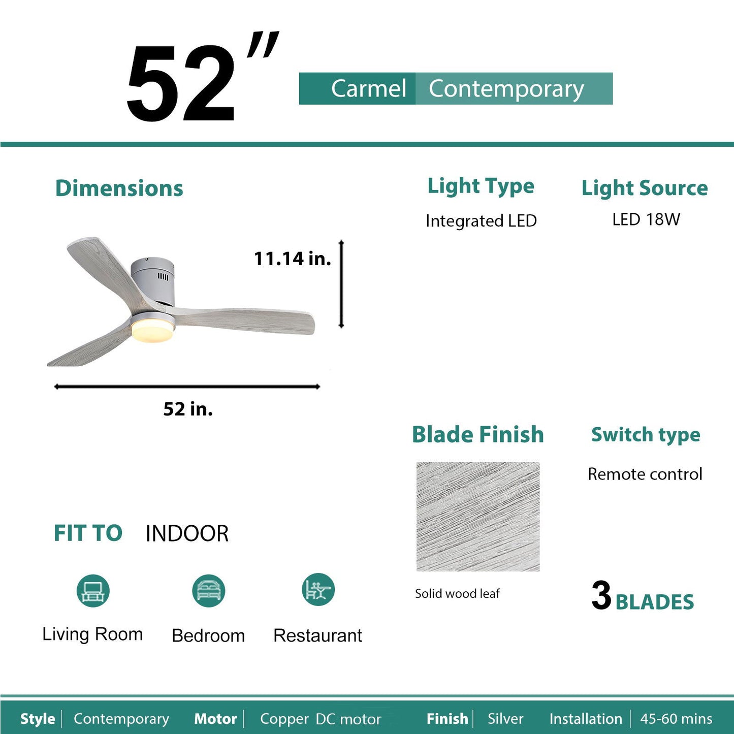 52 Inch Ceiling Fan With Lights 3 Solid Wood Fan Blade Noiseless Reversible Motor Remote Control With Light himalipasal