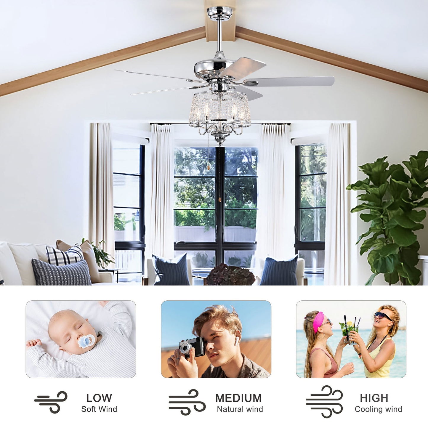 52 Inch Crystal Ceiling Fan , Modern Electrical Fan with 5 Wood Reversible Blades, 4 Bulbs Not Included,Noiseless Reversible AC Motor for Bedroom/Living Room/Study/Patio Home Decoration (Chrome) himalipasal