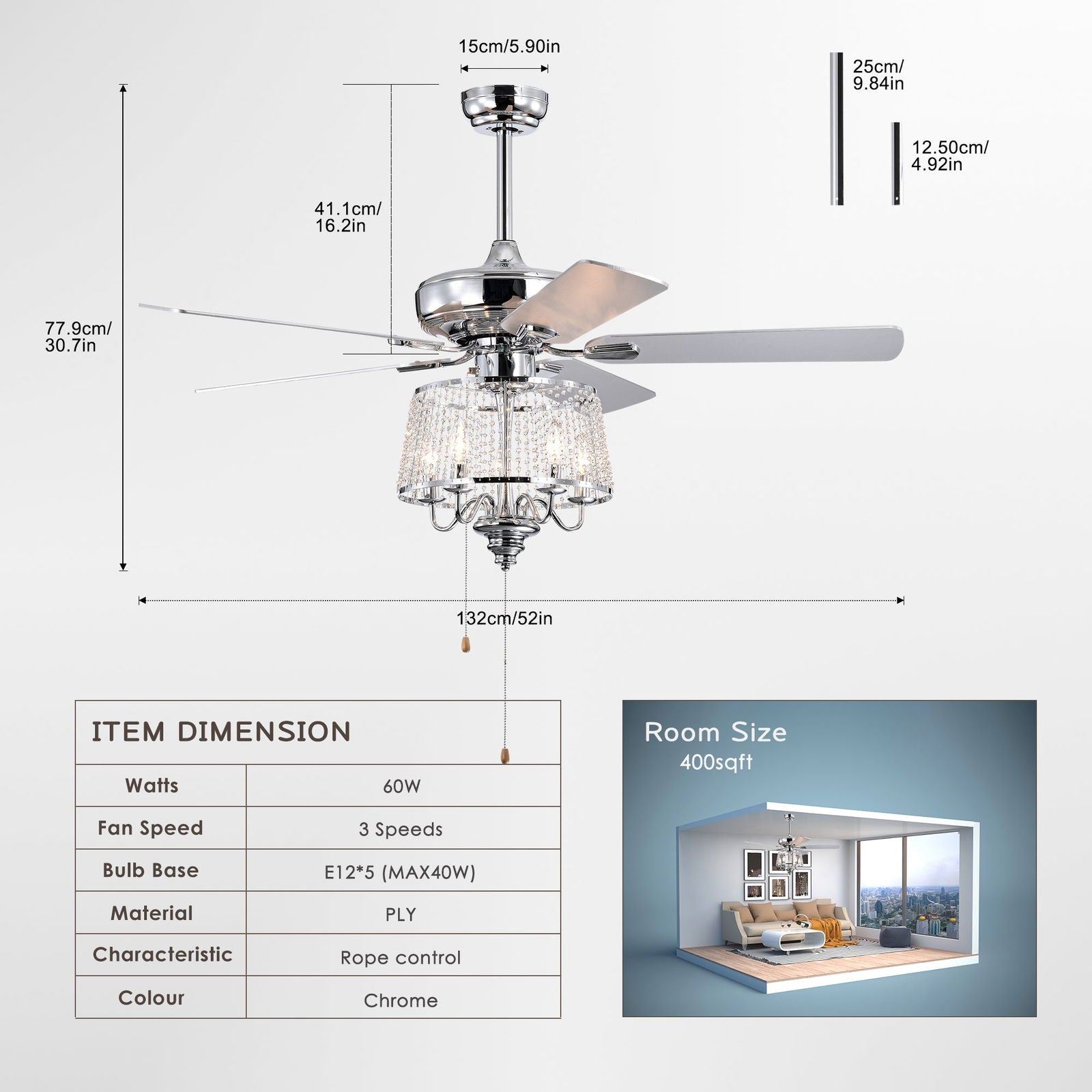 52 Inch Crystal Ceiling Fan , Modern Electrical Fan with 5 Wood Reversible Blades, 4 Bulbs Not Included,Noiseless Reversible AC Motor for Bedroom/Living Room/Study/Patio Home Decoration (Chrome) himalipasal