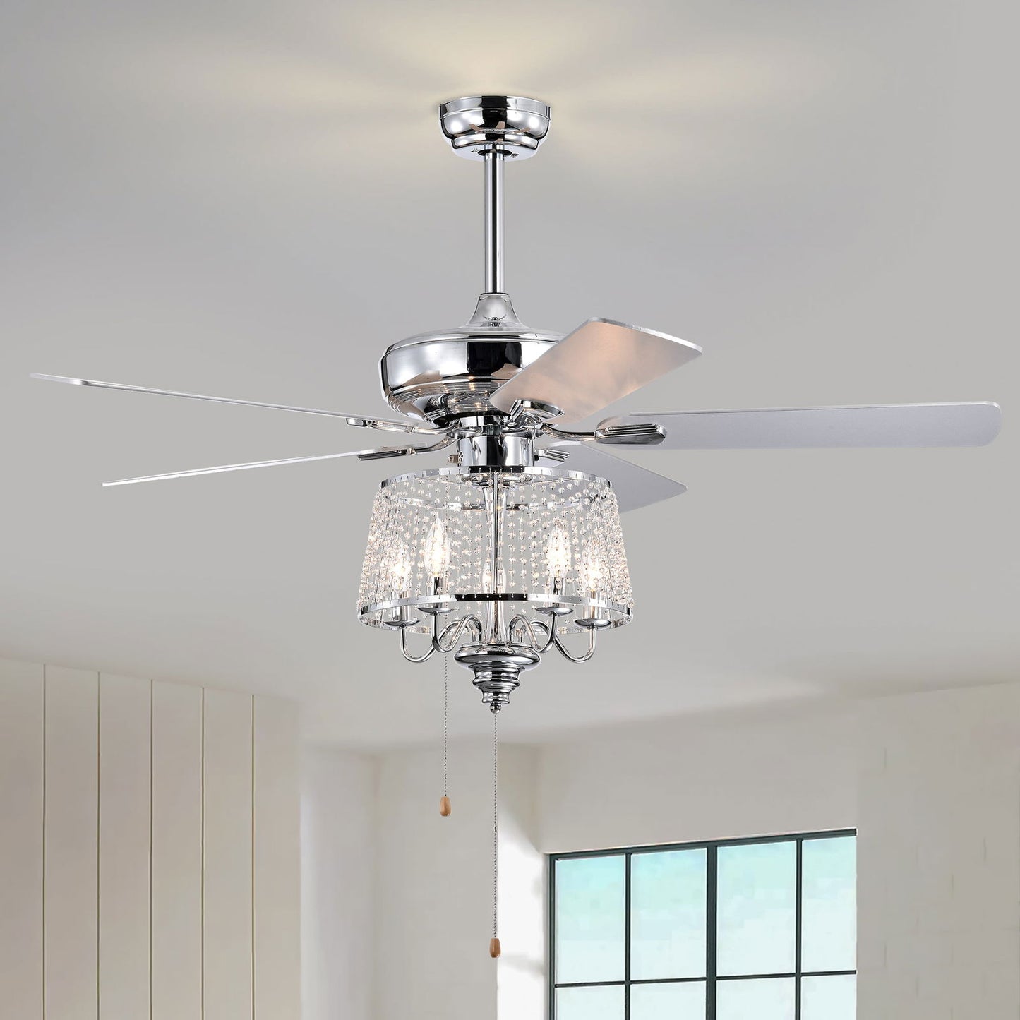 52 Inch Crystal Ceiling Fan , Modern Electrical Fan with 5 Wood Reversible Blades, 4 Bulbs Not Included,Noiseless Reversible AC Motor for Bedroom/Living Room/Study/Patio Home Decoration (Chrome) himalipasal