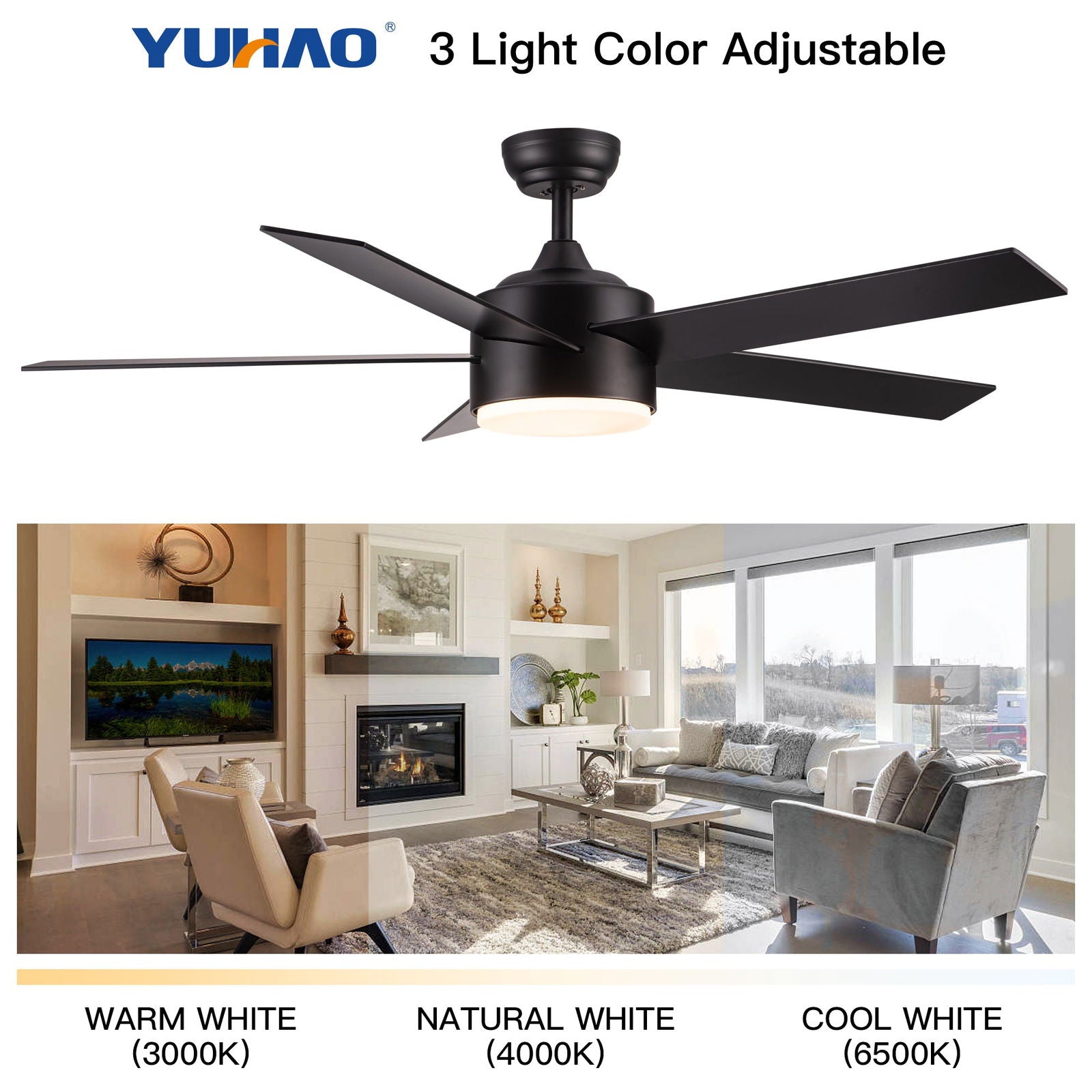 52" Integrated LED Light Matte Black Blade Ceiling Fan with Remote Control himalipasal