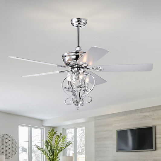 52 inch 4 Lights Ceiling Fan with 5 Wood Blades, Two-color fan blade, AC Motor, Remote Control, Reversible Airflow, 3-Speed, Adjustable Height, Traditional Ceiling Fan for home decorate (Silver) himalipasal