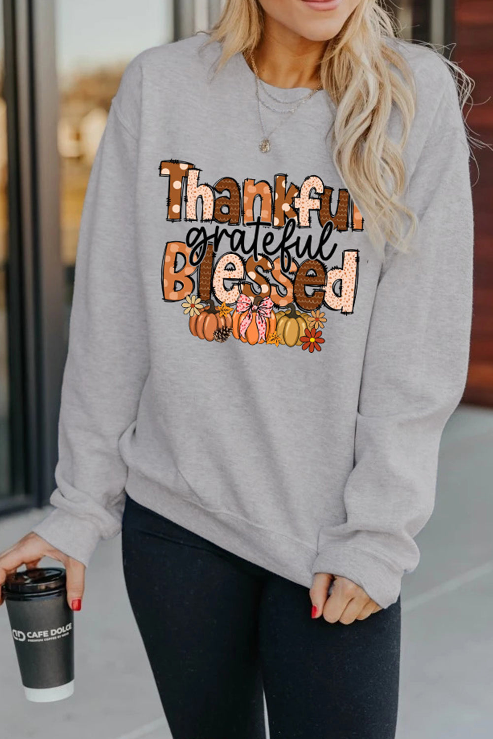 Gray Thankful Grateful Blessed Pumpkin Printed Pullover Sweatshirt