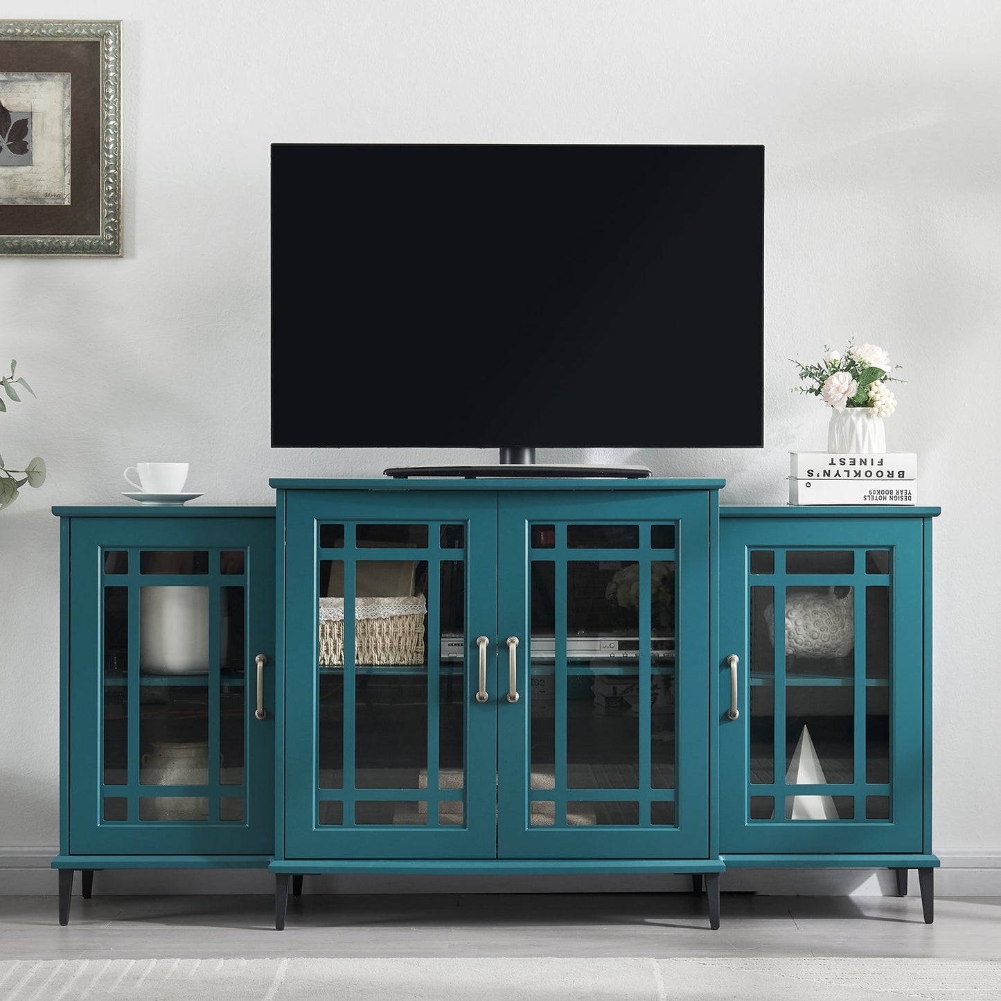 62" TV Stand, Buffet Sideboard Cabinet, Teal Blue himalipasal