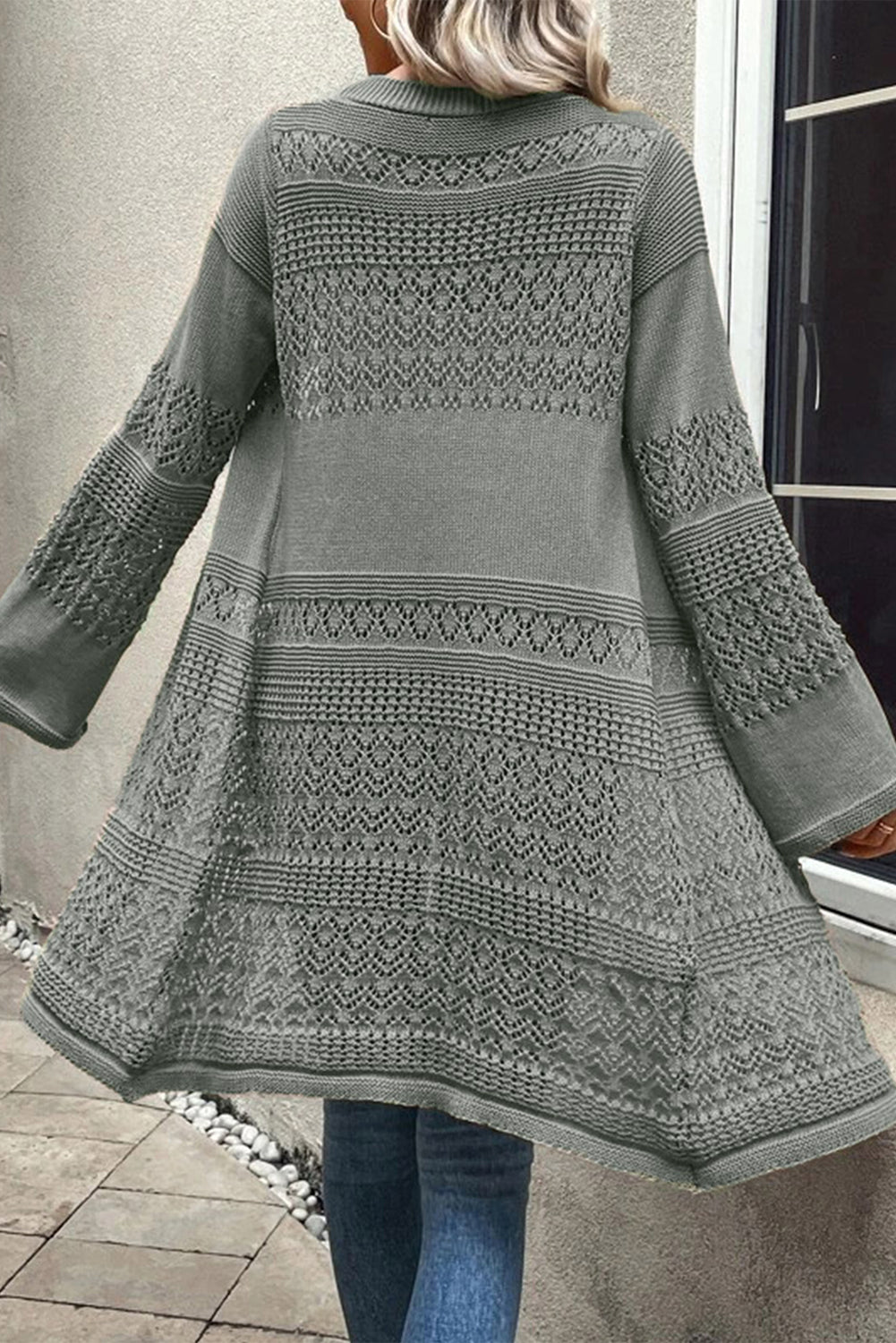 Gray Pointelle Knit Open Front Long Cardigan