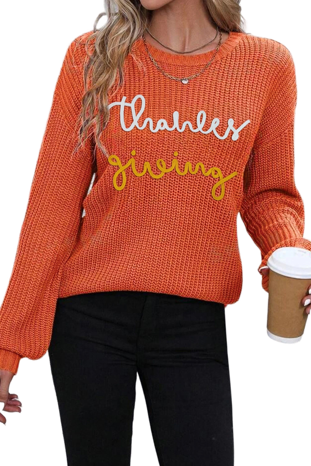 Gold Flame Thanksgiving Letter Graphic Crew Neck Sweater