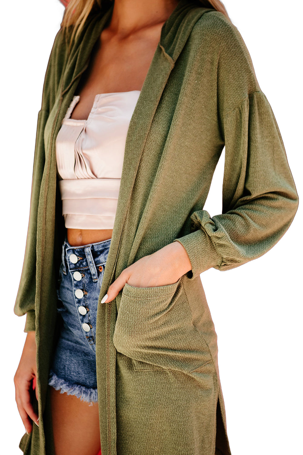 Guacamole Green Side Split Knit Hooded Cardigan