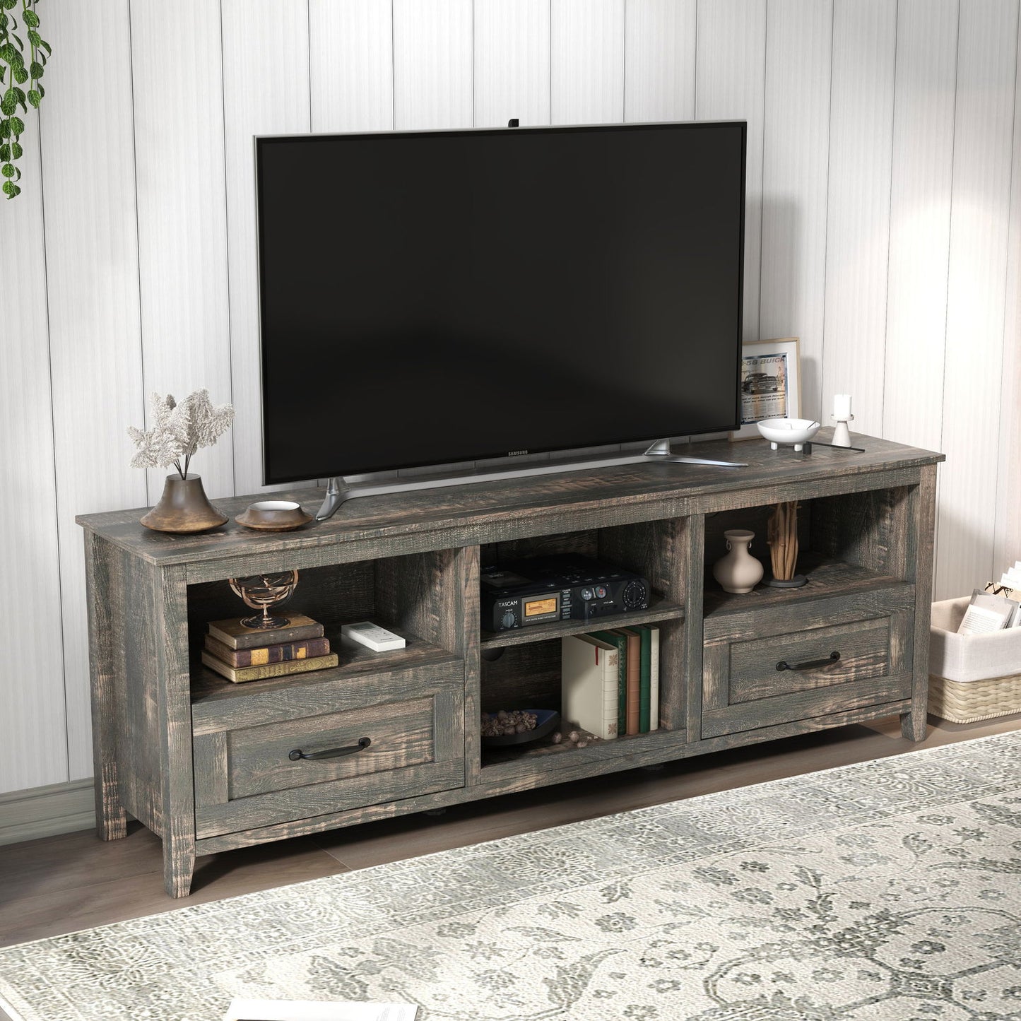 70 Inch Length TV Stand for Living Room and Bedroom, with 2 Drawers and 4 High-Capacity Storage Compartment, Black Pine himalipasal