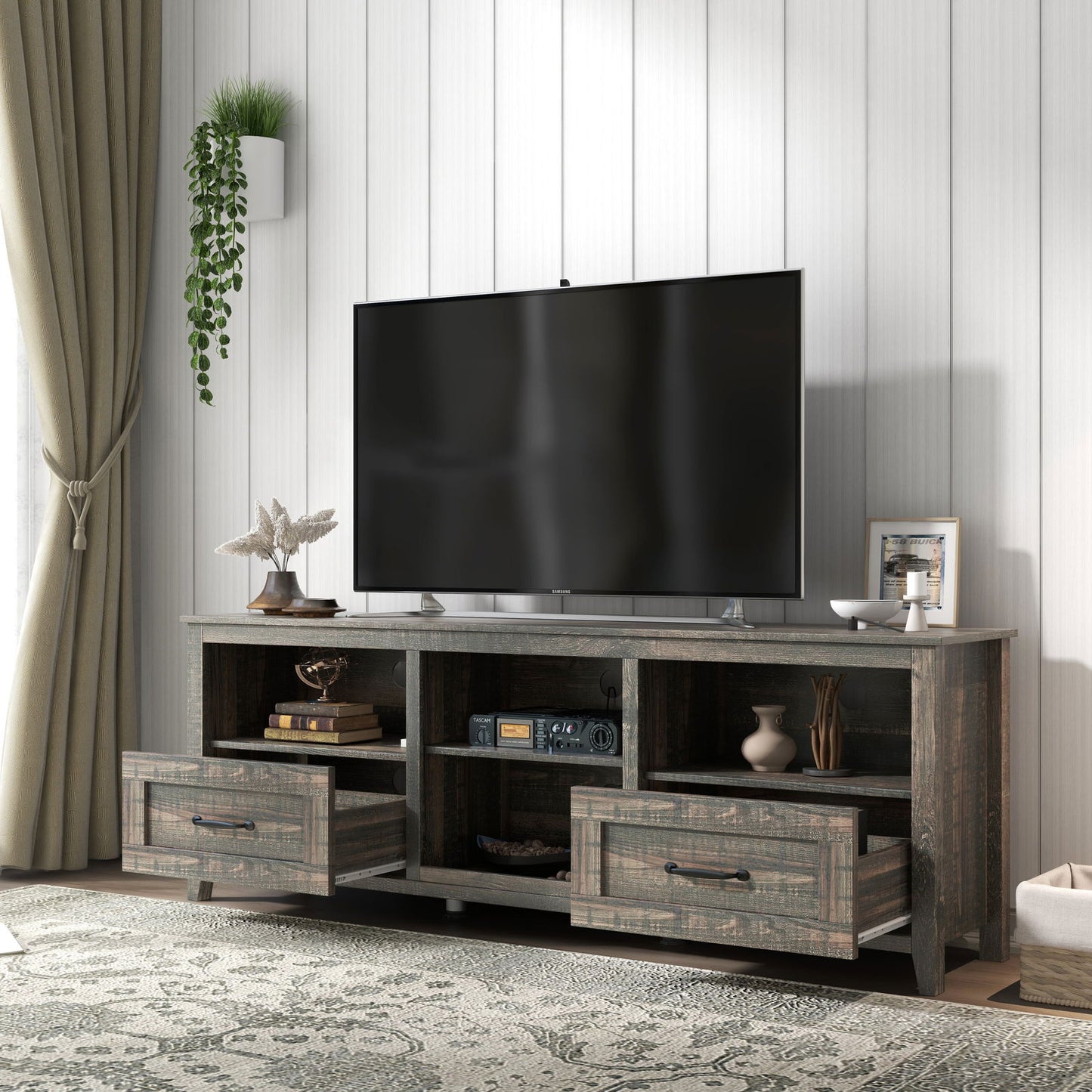 70 Inch Length TV Stand for Living Room and Bedroom, with 2 Drawers and 4 High-Capacity Storage Compartment, Black Pine himalipasal