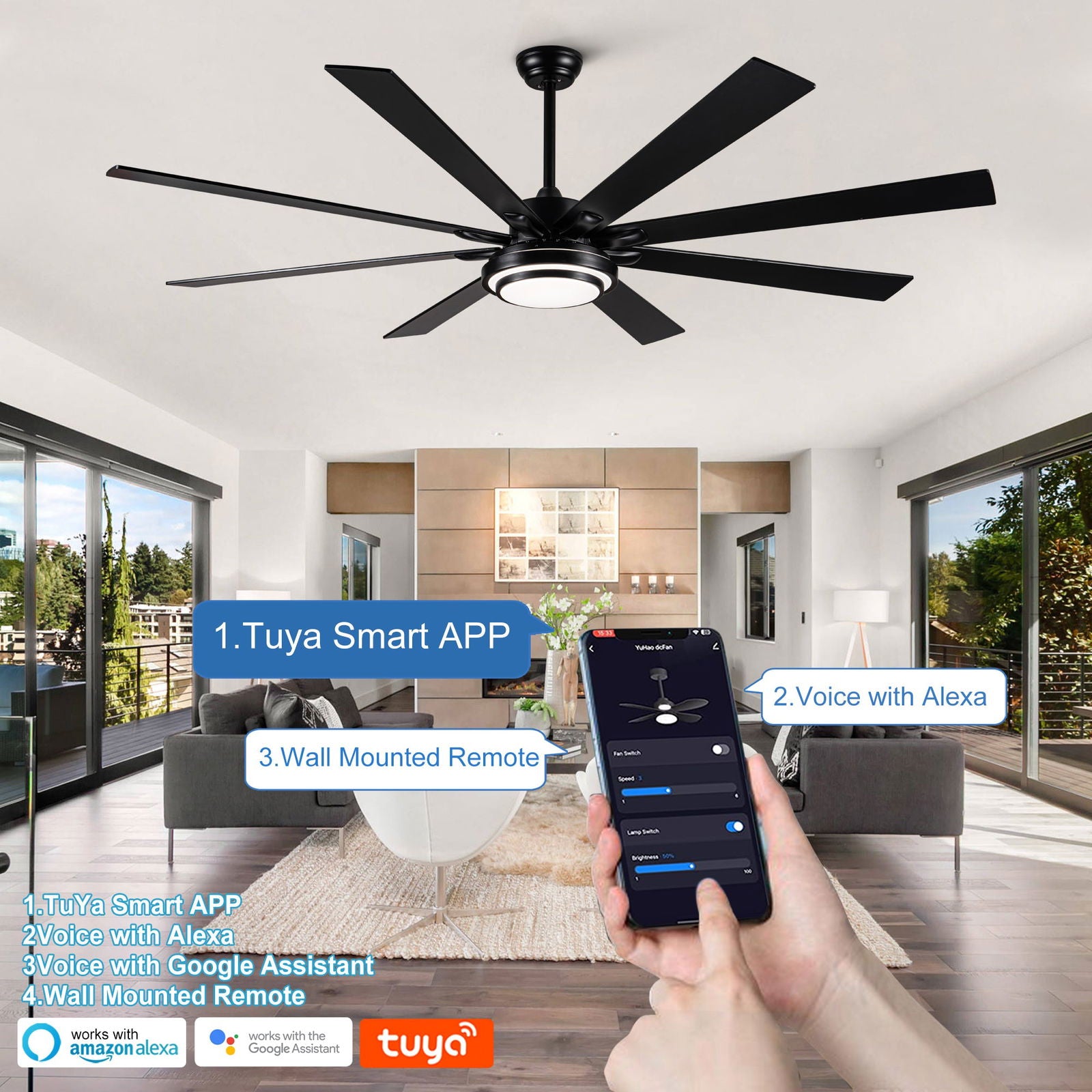 72" Integrated LED Matte Black Large Smart Ceiling Fan with Remote Control himalipasal