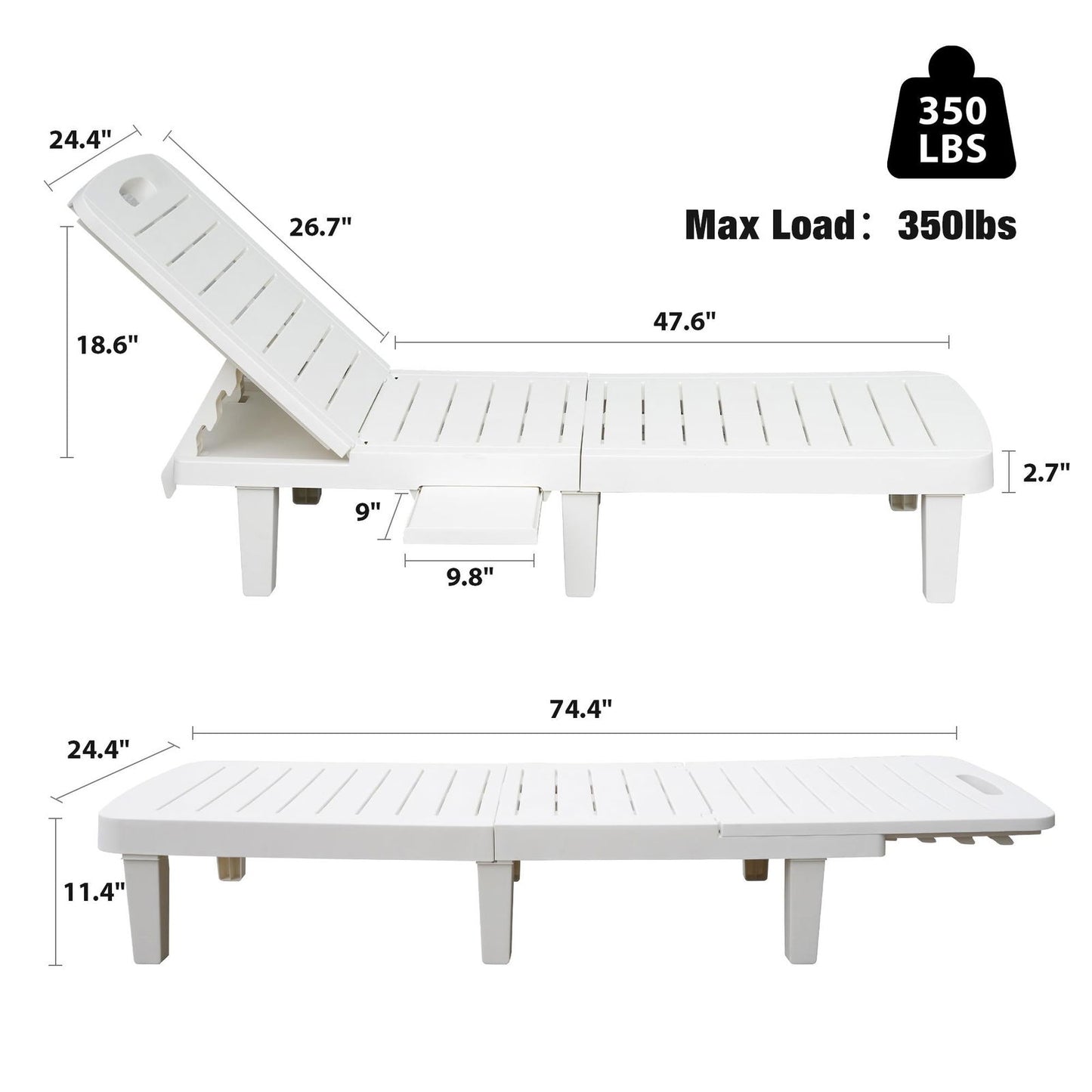 74.4" Outdoor Chaise Lounge Patio Pool Lounge Chairs with 4 Level Adjustable Backrest, White himalipasal