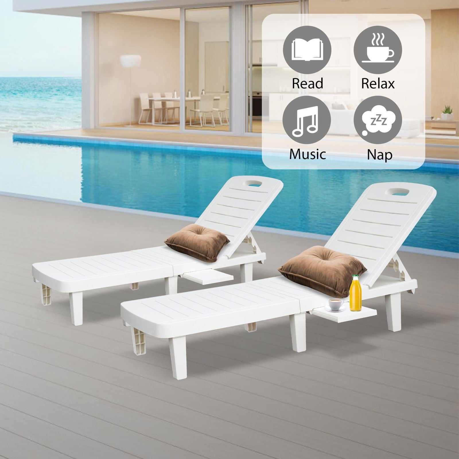 74.4" Outdoor Chaise Lounge Patio Pool Lounge Chairs with 4 Level Adjustable Backrest, White himalipasal