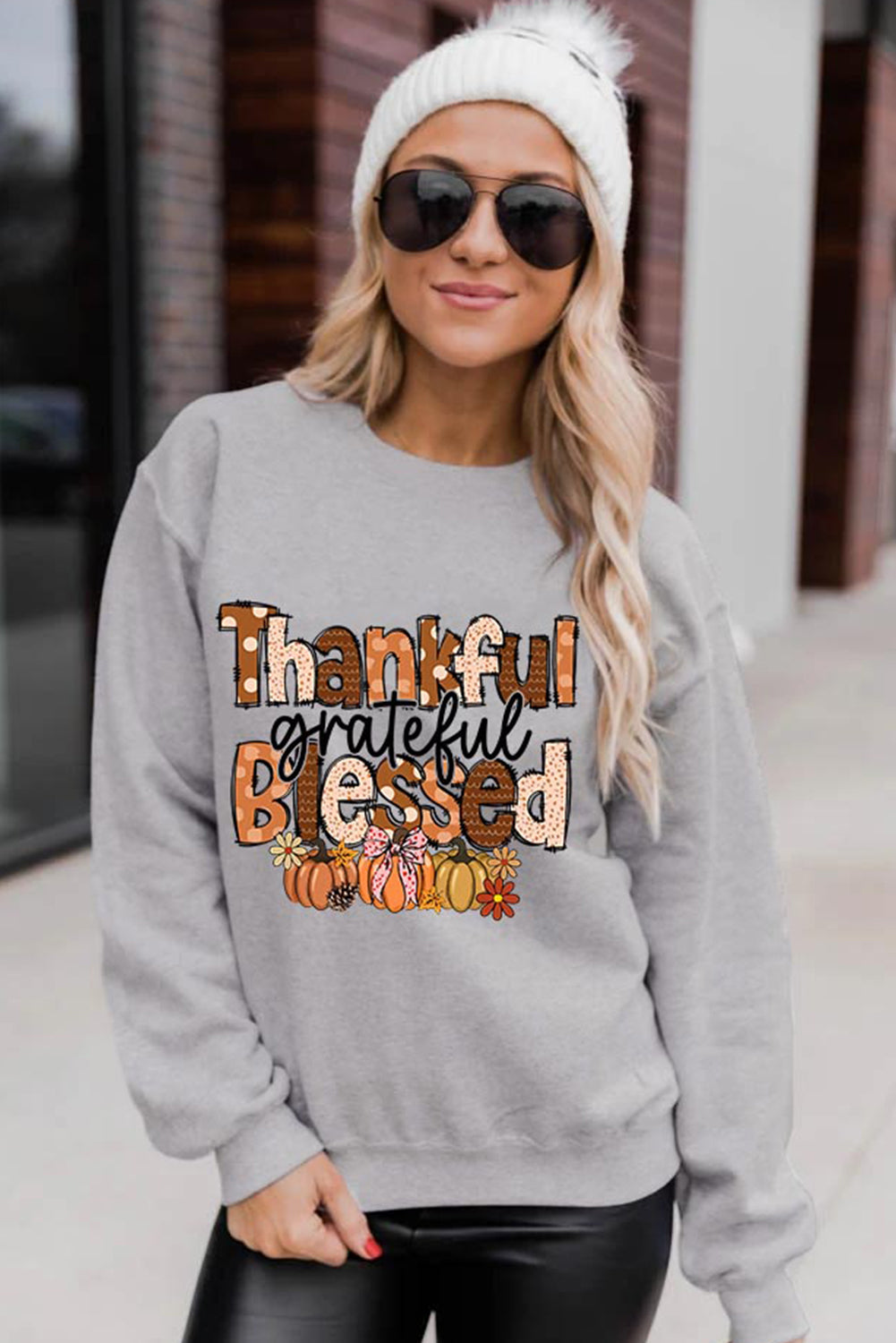 Gray Thankful Grateful Blessed Pumpkin Printed Pullover Sweatshirt