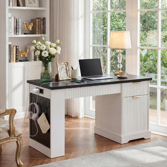 55' Modern Fluted Office Desk with Storage Cabinet & Drawers, Computer Writing Desk with Power Outlet, Pegboard, Built-in Shelves and Keyboard Tray for Study, Living Room, Home Office, White