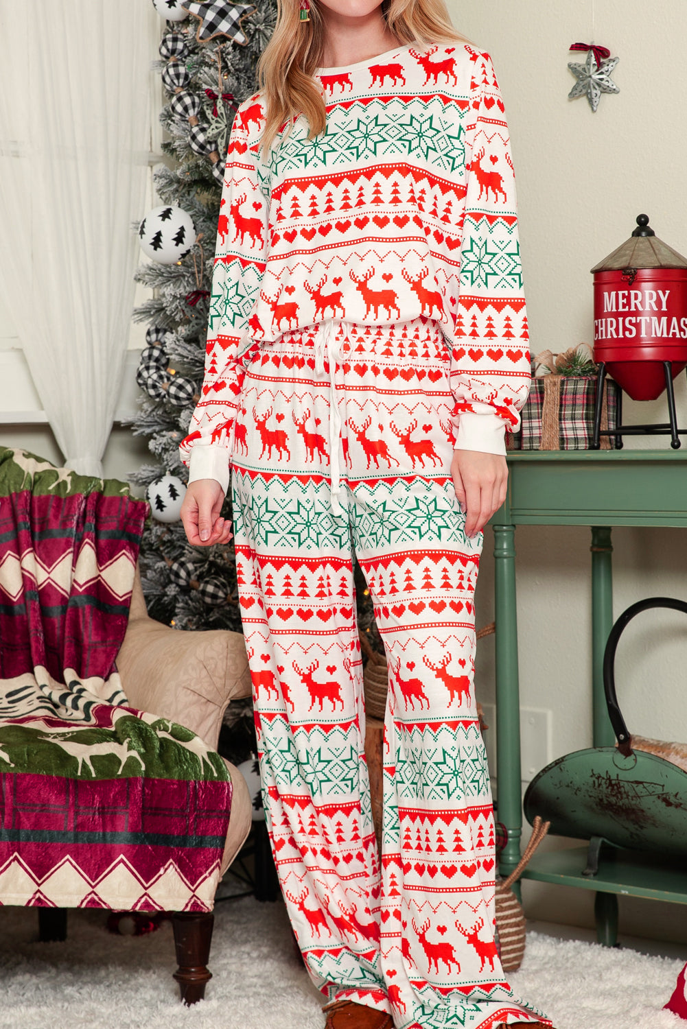 White Christmas Pullover and Drawstring Pants Pajama Set