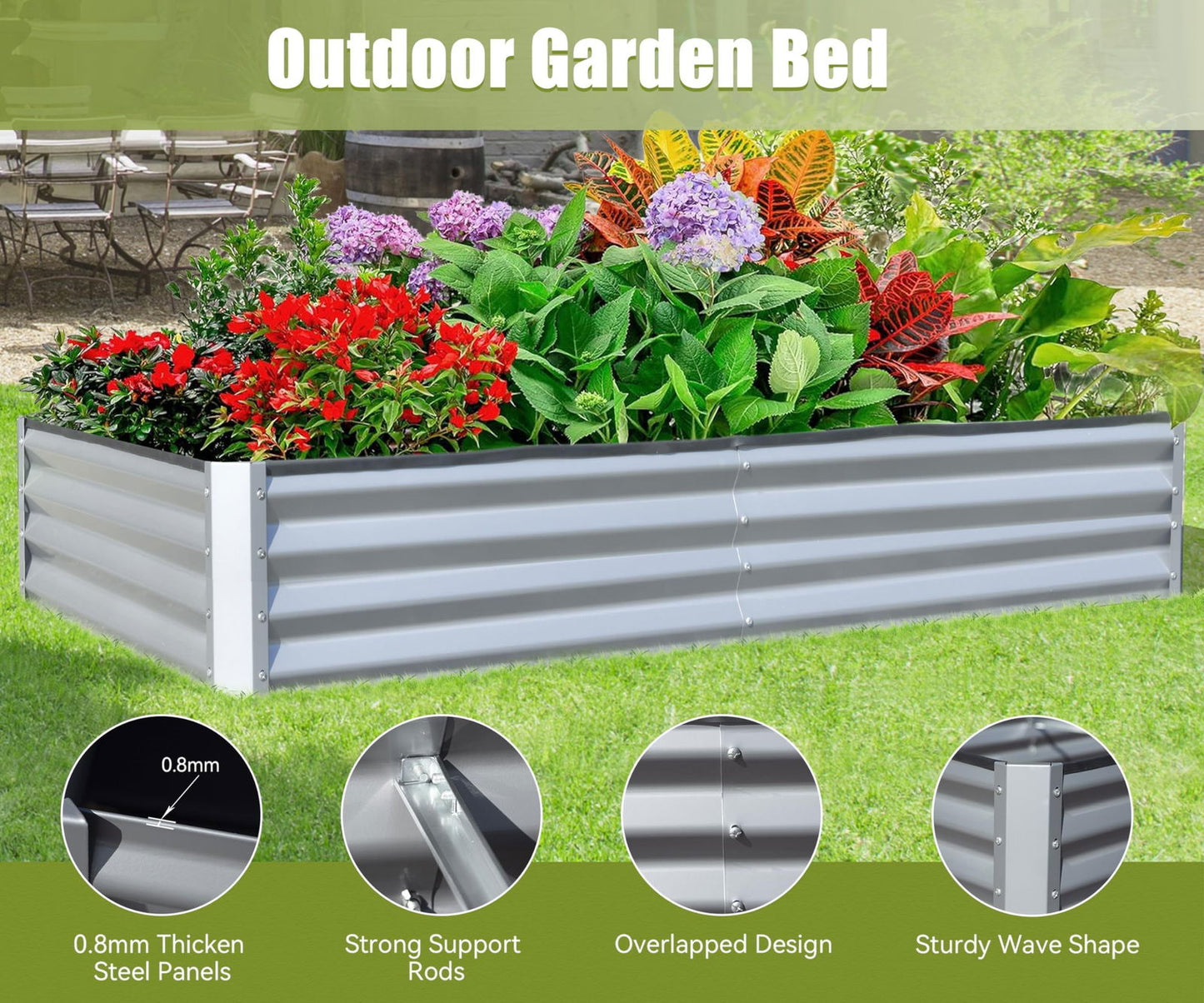 8x4x1 ft Galvanized Raised Garden Bed, Outdoor Planter Garden Boxes Large Metal Planter Box for Gardening Vegetables Fruits Flowers, Silver himalipasal