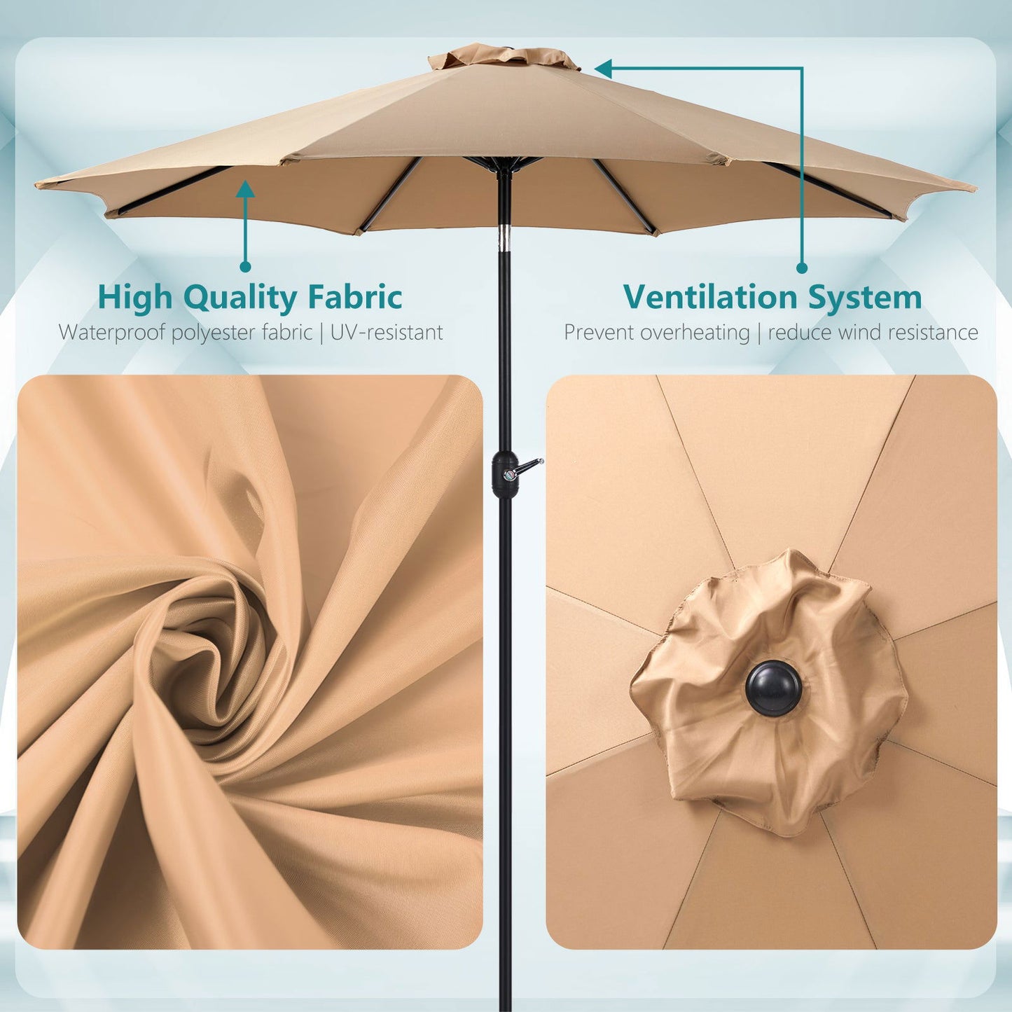 9 foot outdoor patio umbrella with button tilt and crank, Outdoor patio/market table umbrella UV protected and waterproof, khaki himalipasal