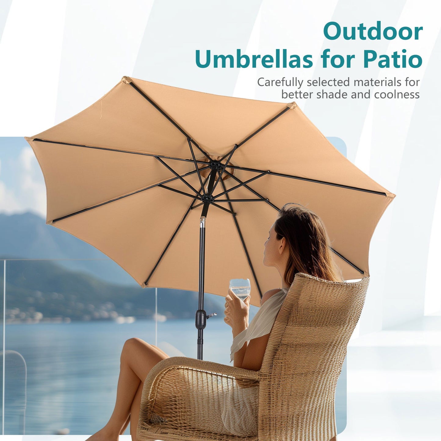 9 foot outdoor patio umbrella with button tilt and crank, Outdoor patio/market table umbrella UV protected and waterproof, khaki himalipasal