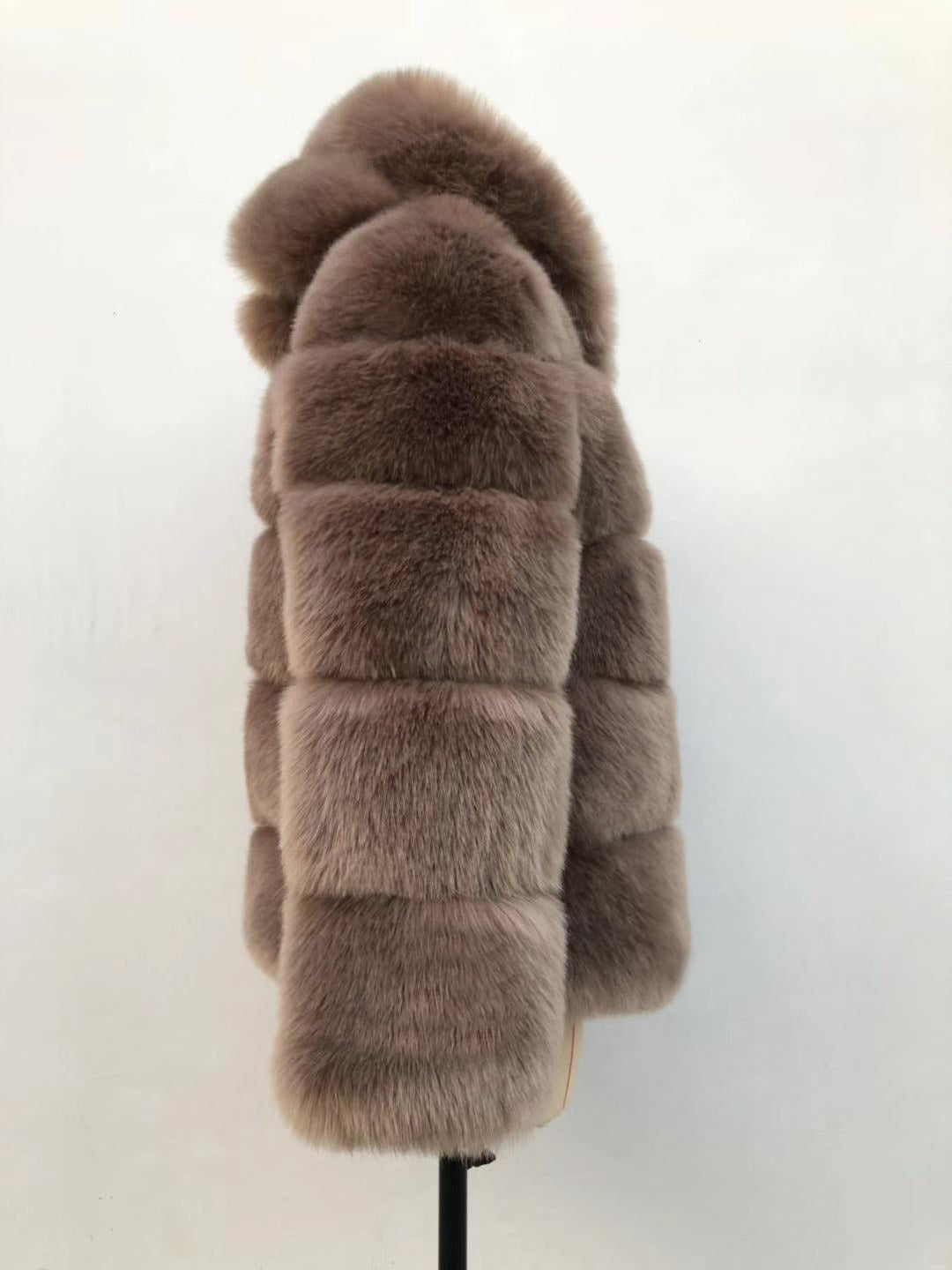 Autumn Winter Fox Fur Fur Artificial Fur Stitching Hooded Women Mid Length Fur Coat Plus Size