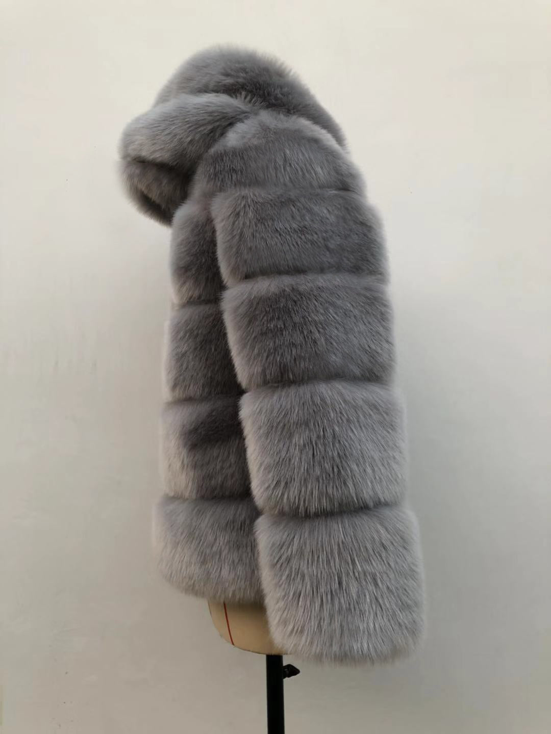 Autumn Winter Fox Fur Fur Artificial Fur Stitching Hooded Women Mid Length Fur Coat Plus Size