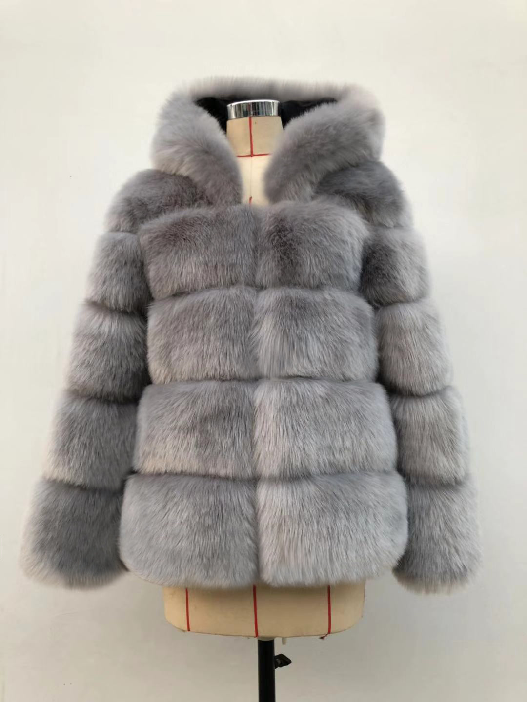 Autumn Winter Fox Fur Fur Artificial Fur Stitching Hooded Women Mid Length Fur Coat Plus Size