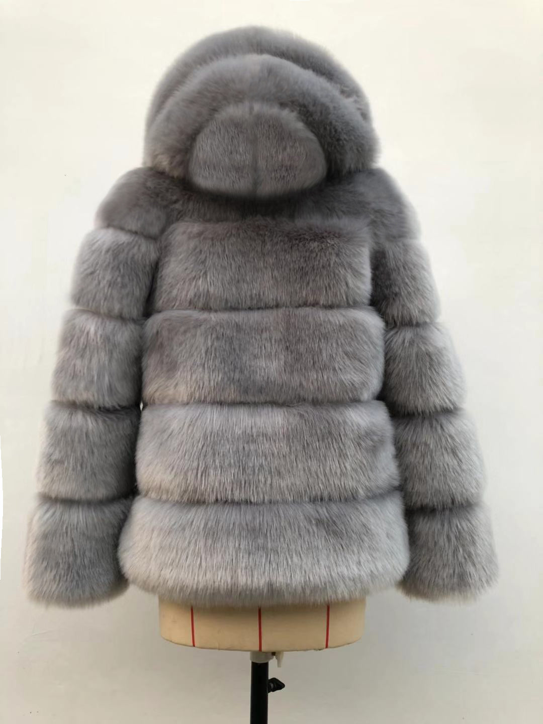 Autumn Winter Fox Fur Fur Artificial Fur Stitching Hooded Women Mid Length Fur Coat Plus Size