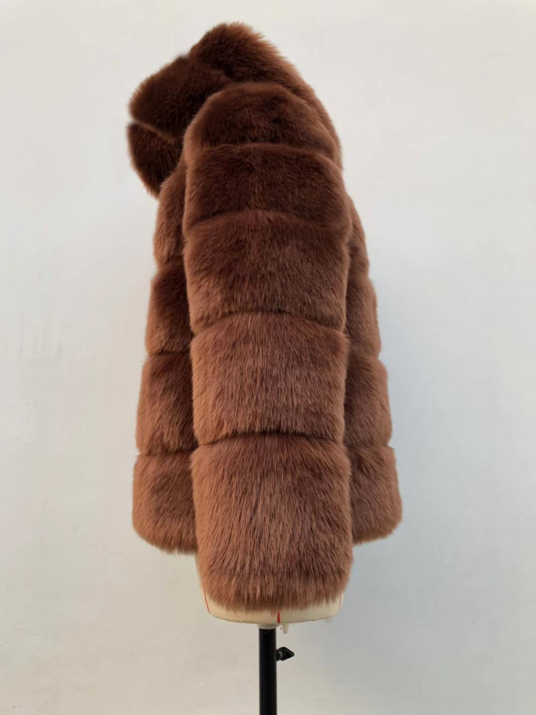 Autumn Winter Fox Fur Fur Artificial Fur Stitching Hooded Women Mid Length Fur Coat Plus Size