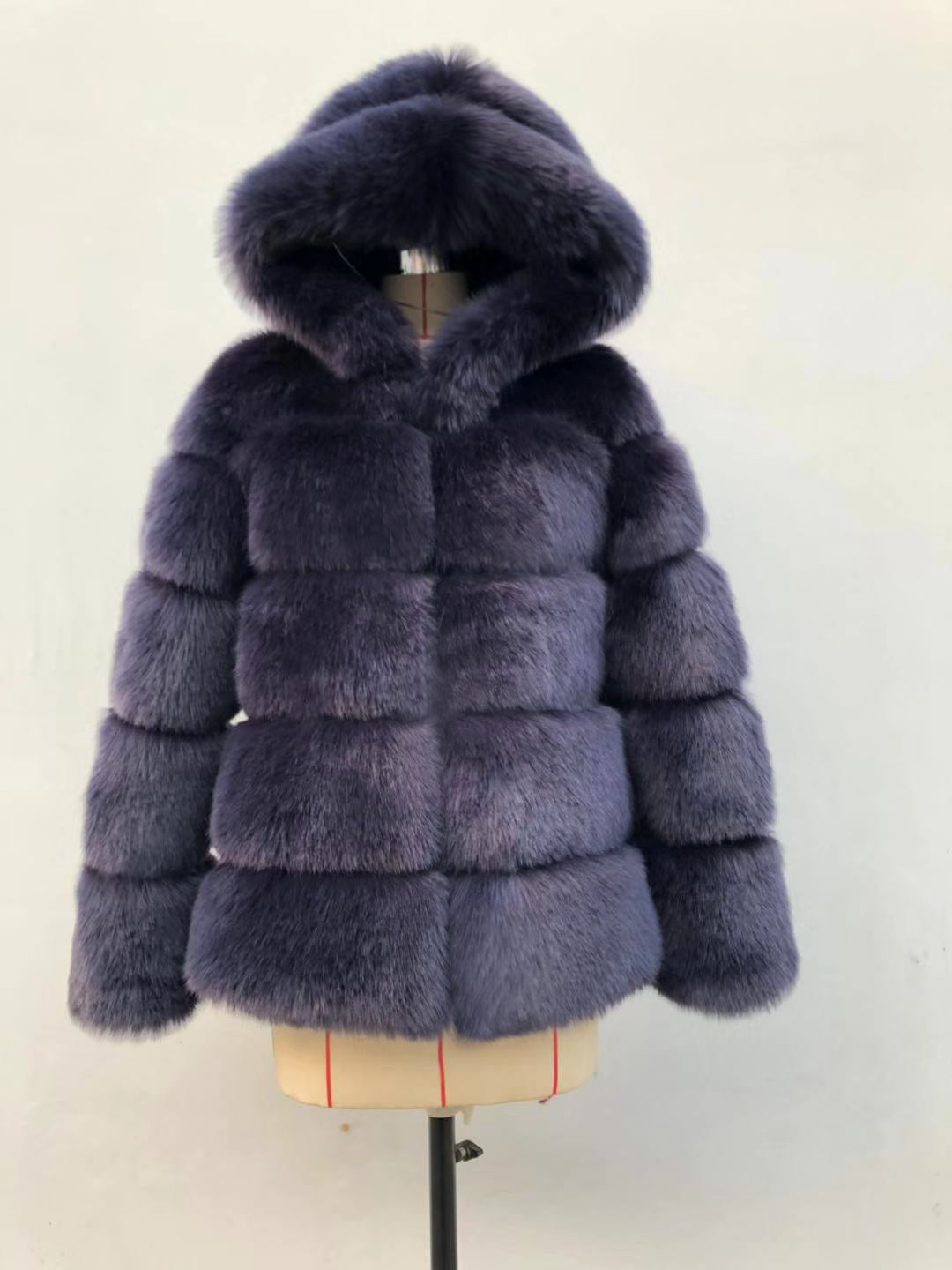 Autumn Winter Fox Fur Fur Artificial Fur Stitching Hooded Women Mid Length Fur Coat Plus Size