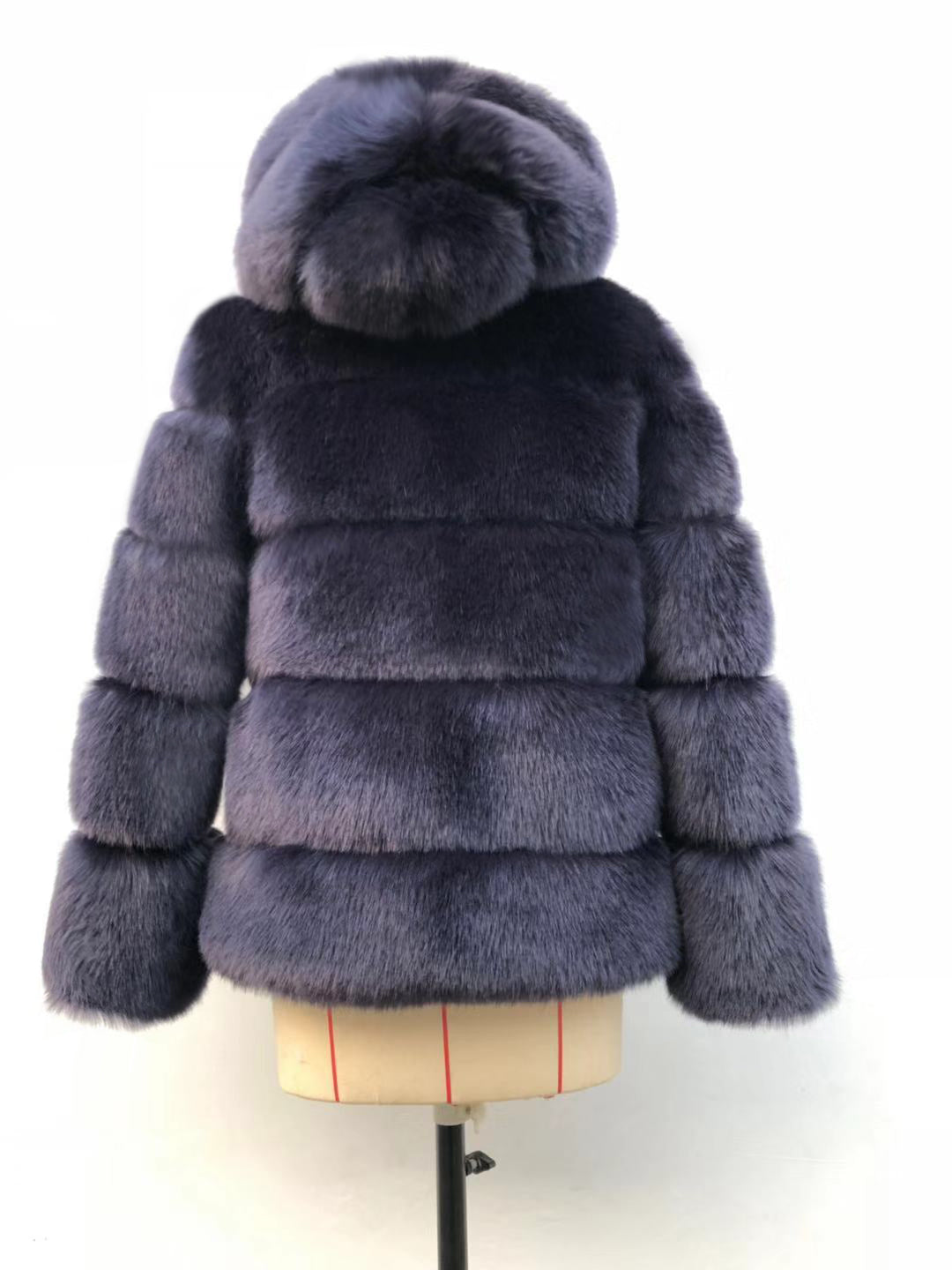 Autumn Winter Fox Fur Fur Artificial Fur Stitching Hooded Women Mid Length Fur Coat Plus Size