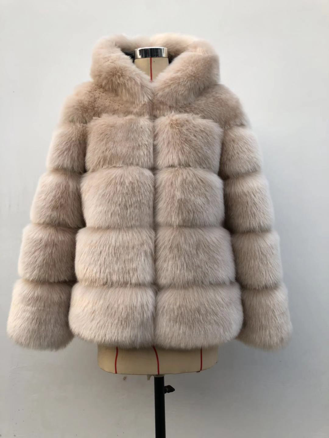 Autumn Winter Fox Fur Fur Artificial Fur Stitching Hooded Women Mid Length Fur Coat Plus Size