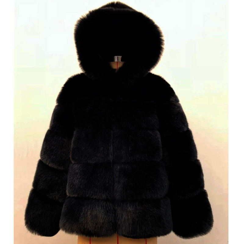 Autumn Winter Fox Fur Fur Artificial Fur Stitching Hooded Women Mid Length Fur Coat Plus Size