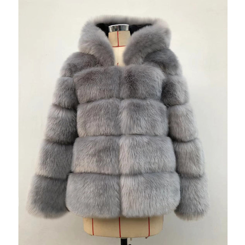 Autumn Winter Fox Fur Fur Artificial Fur Stitching Hooded Women Mid Length Fur Coat Plus Size