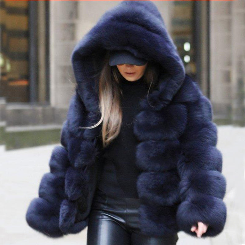 Autumn Winter Fox Fur Fur Artificial Fur Stitching Hooded Women Mid Length Fur Coat Plus Size