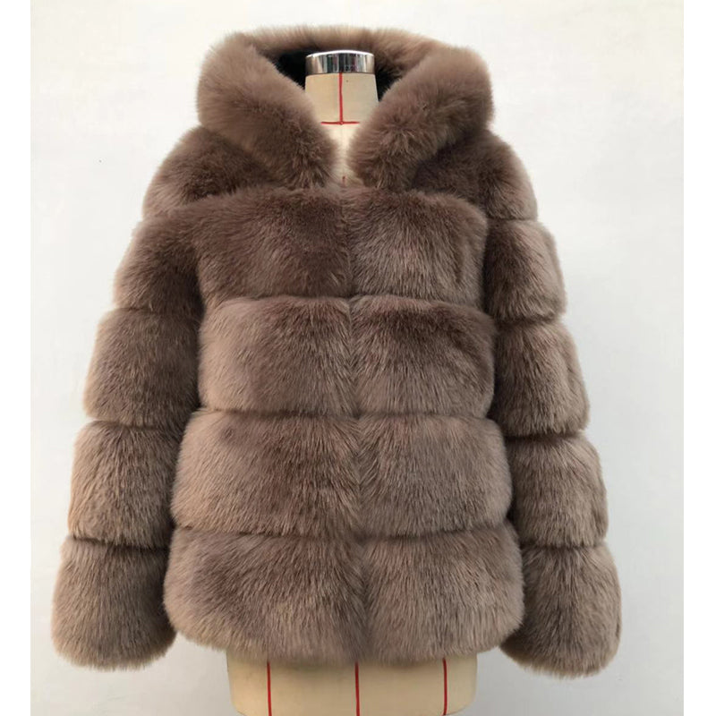 Autumn Winter Fox Fur Fur Artificial Fur Stitching Hooded Women Mid Length Fur Coat Plus Size