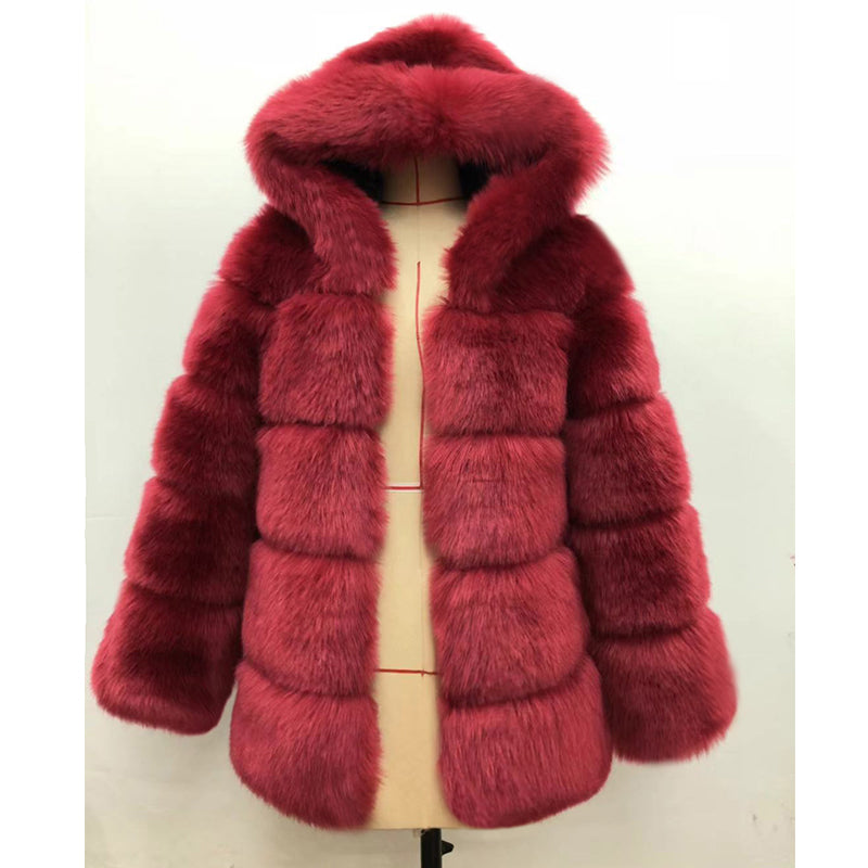 Autumn Winter Fox Fur Fur Artificial Fur Stitching Hooded Women Mid Length Fur Coat Plus Size