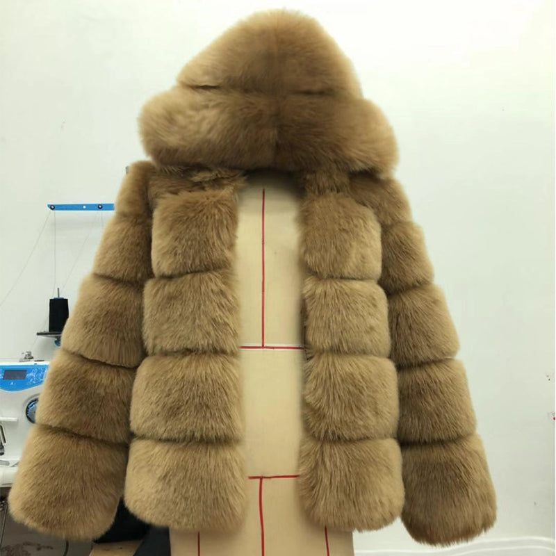 Autumn Winter Fox Fur Fur Artificial Fur Stitching Hooded Women Mid Length Fur Coat Plus Size