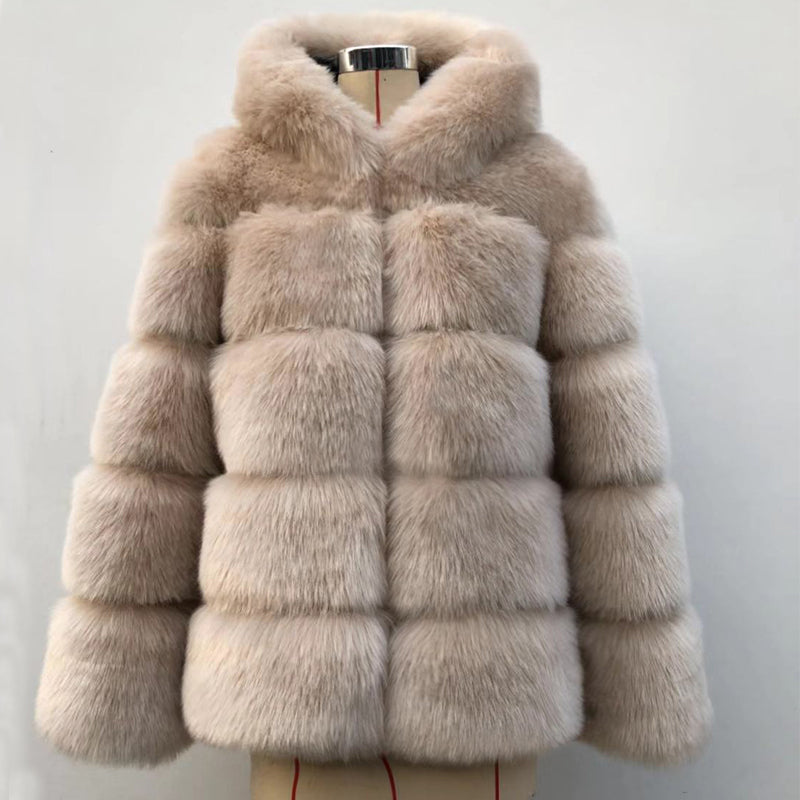 Autumn Winter Fox Fur Fur Artificial Fur Stitching Hooded Women Mid Length Fur Coat Plus Size