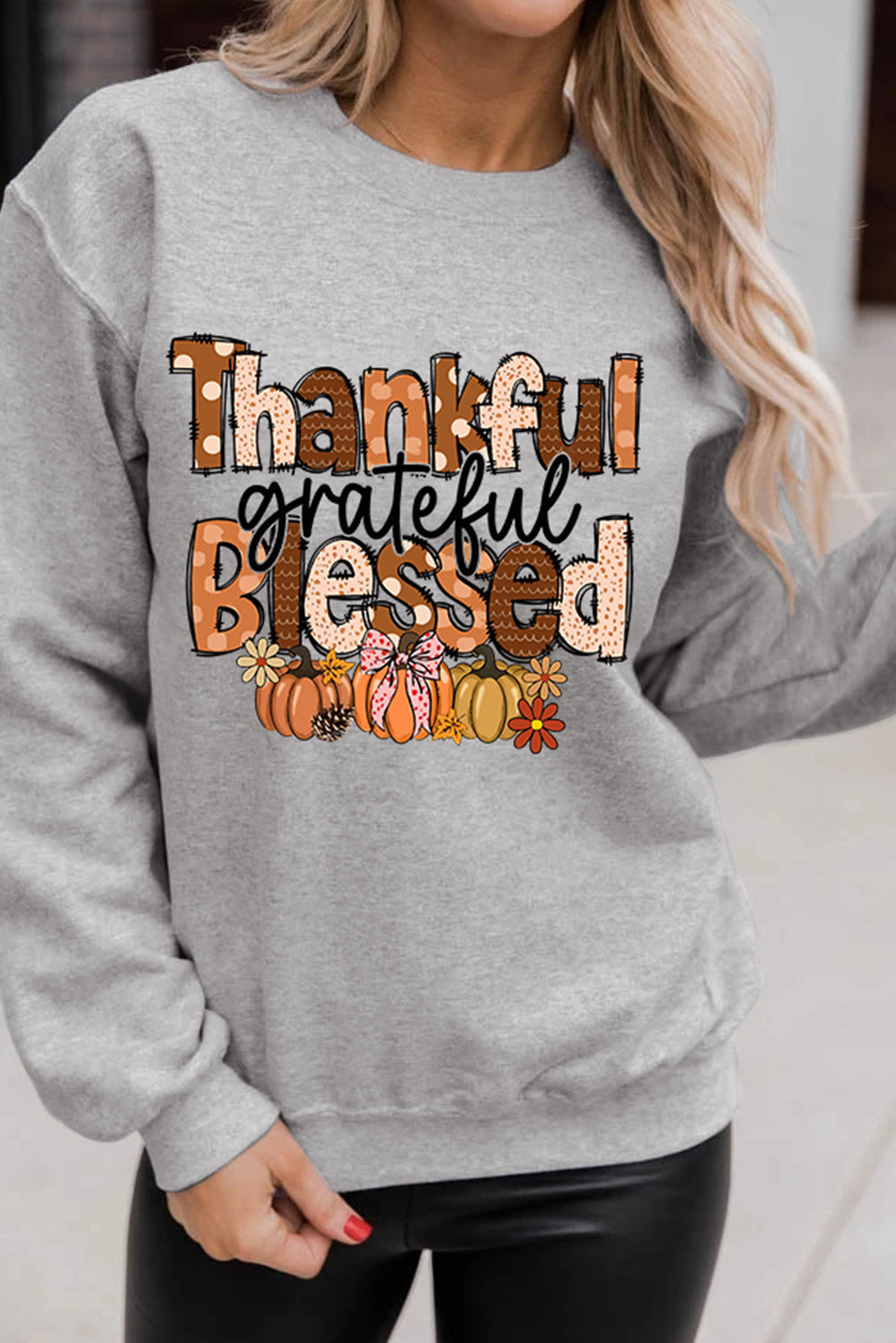 Gray Thankful Grateful Blessed Pumpkin Printed Pullover Sweatshirt